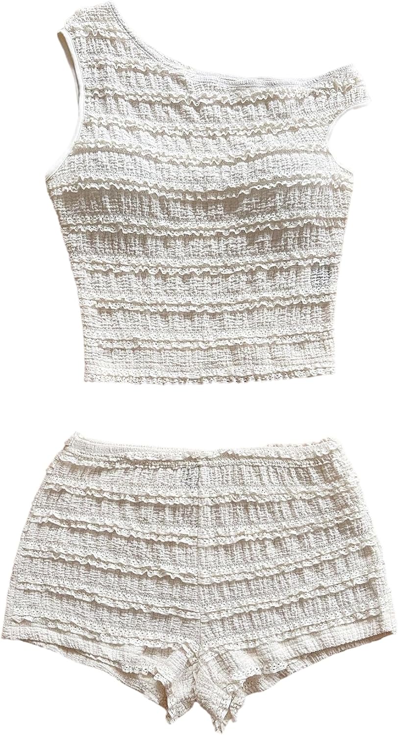 GORGLITTER Women's Crochet Sets Boho Summer Vacation Two Piece Outfits One Shoulder Crop Tank Top and Shorts Sets