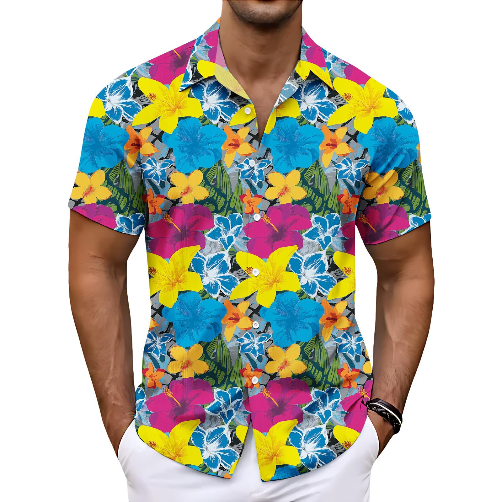 Mens Hawaiian Button Down Shirts Short Sleeve Tops Plus Size Graphic Casual Lightweight Loose Beach Gym Shirt