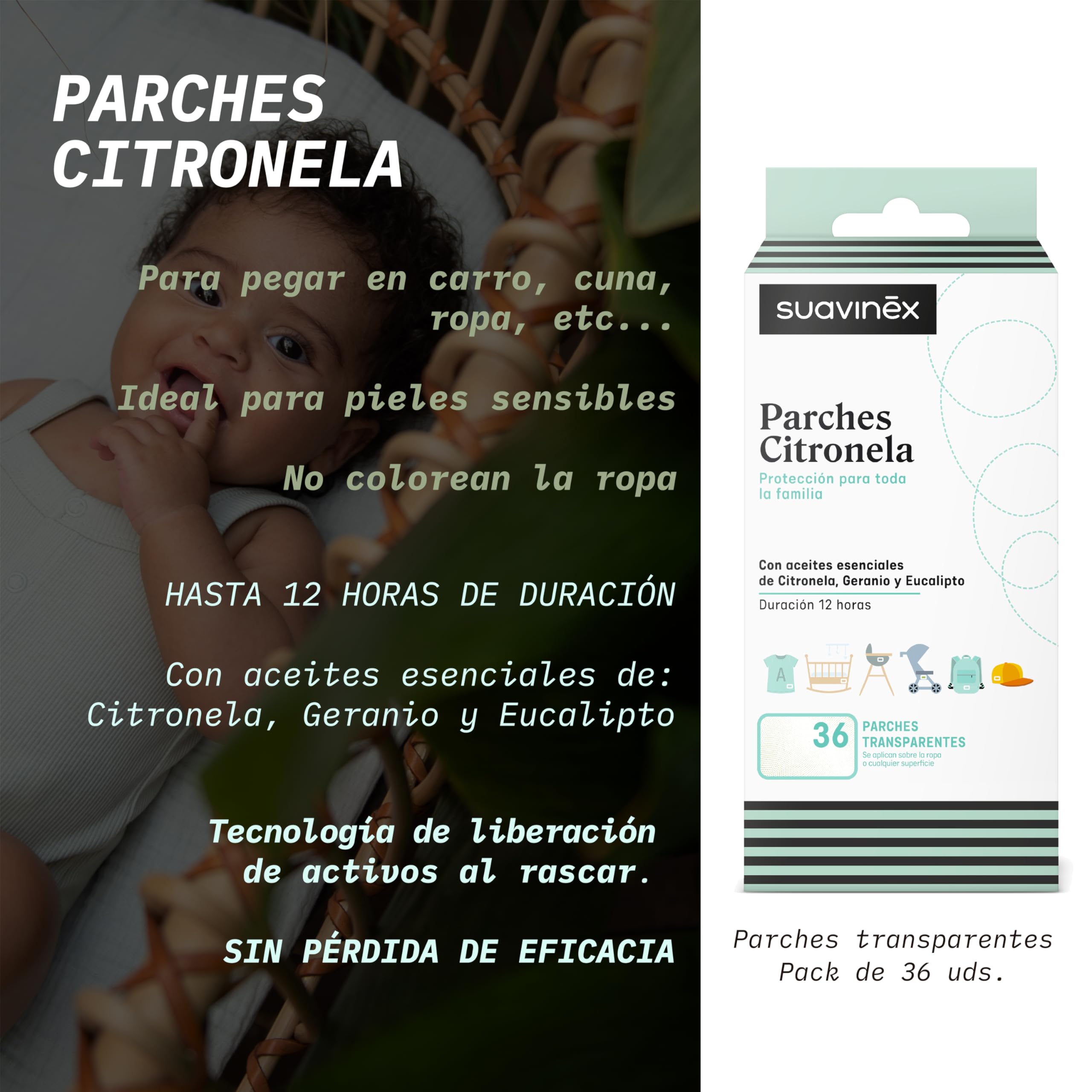 Suavinex, Parches de Citronela para Bebés, Niños y Adultos, Hasta 12 H de Duración, Parches Adhesivos Transparentes para Textiles y Superficies, No Manchan, Fácil de Usar, 36 uds