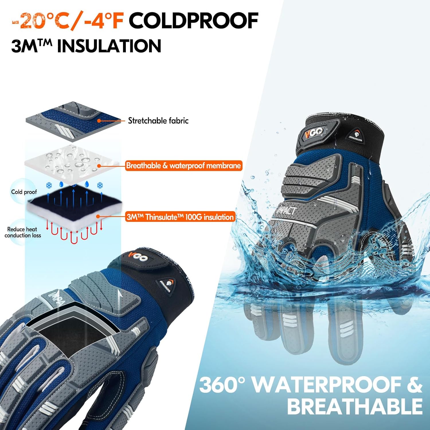 Vgo... -20/-4F COLDPROOF Winter Work Gloves - Mechanics & Impact Gloves - Anti-Vibration & Heavy Duty (SL9792FW) - Image 2