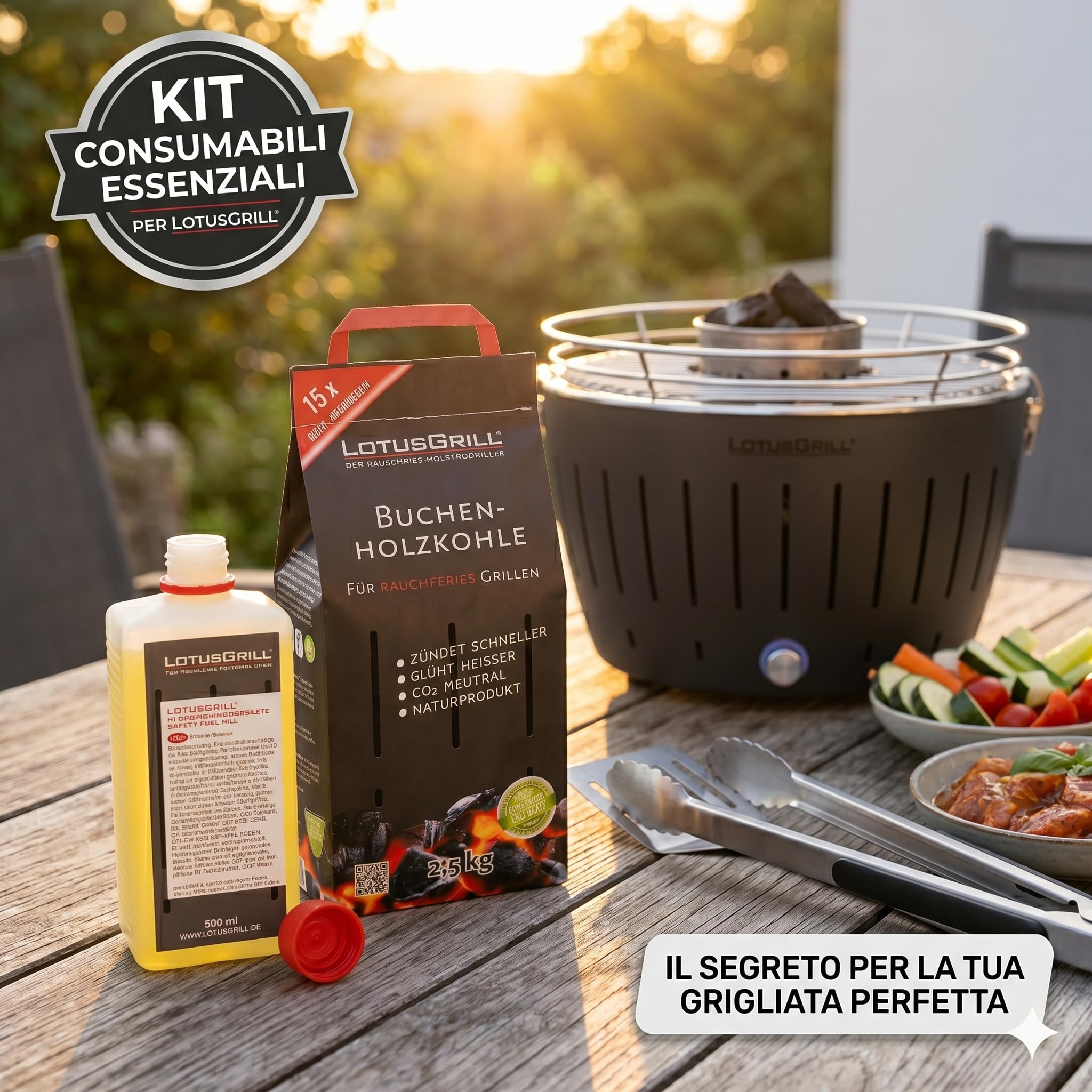 BERARDI LotusGrill Kit Consumabili per LotusGrill, Carbone di Faggio 2,5 kg e Pasta Combustibile 500 ml, CO2 Neutrale, Naturale