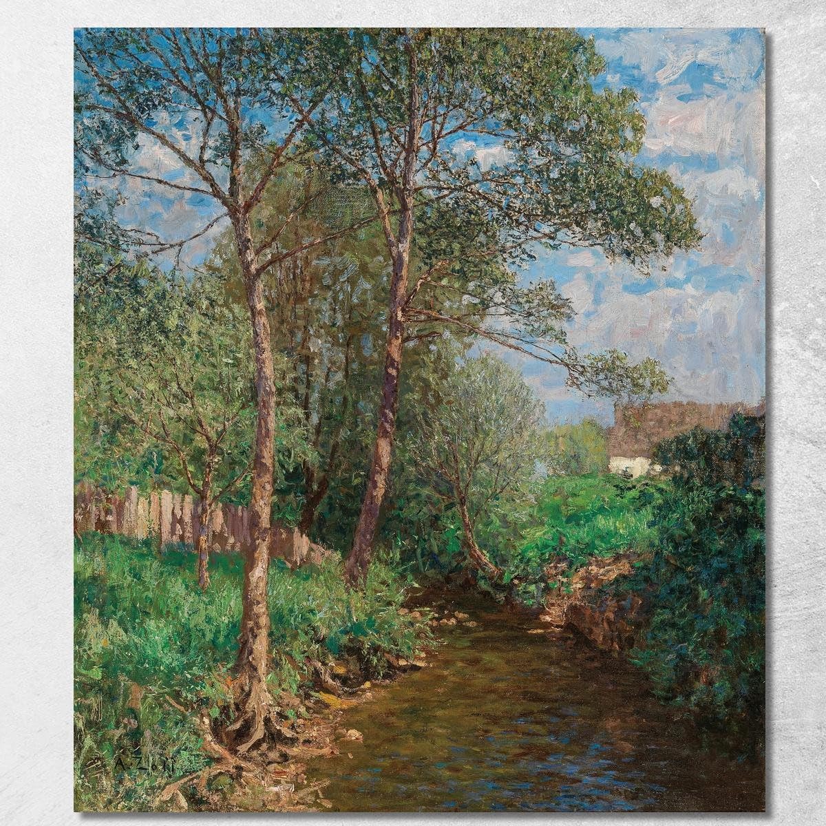Tableau paysage ensoleillé ruisseau Alfred Zoff pour un salon lumineux