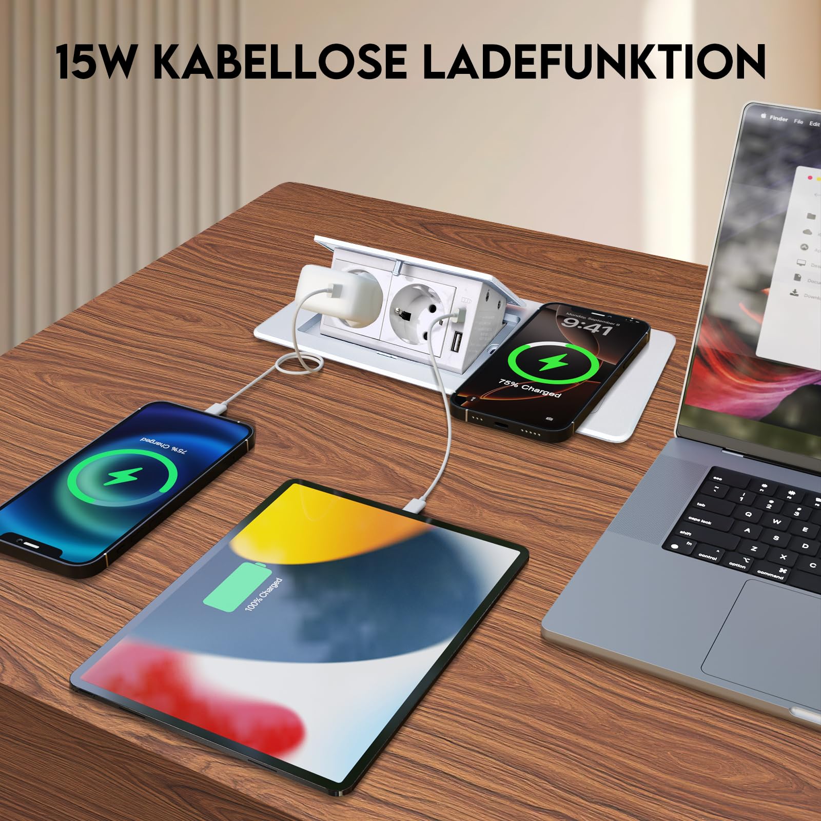 Enchufe retráctil PD20 W USB C y carga inalámbrica de 15 W, 2 enchufes, enchufe de mesa para escritorio, encimera de cocina, color blanco