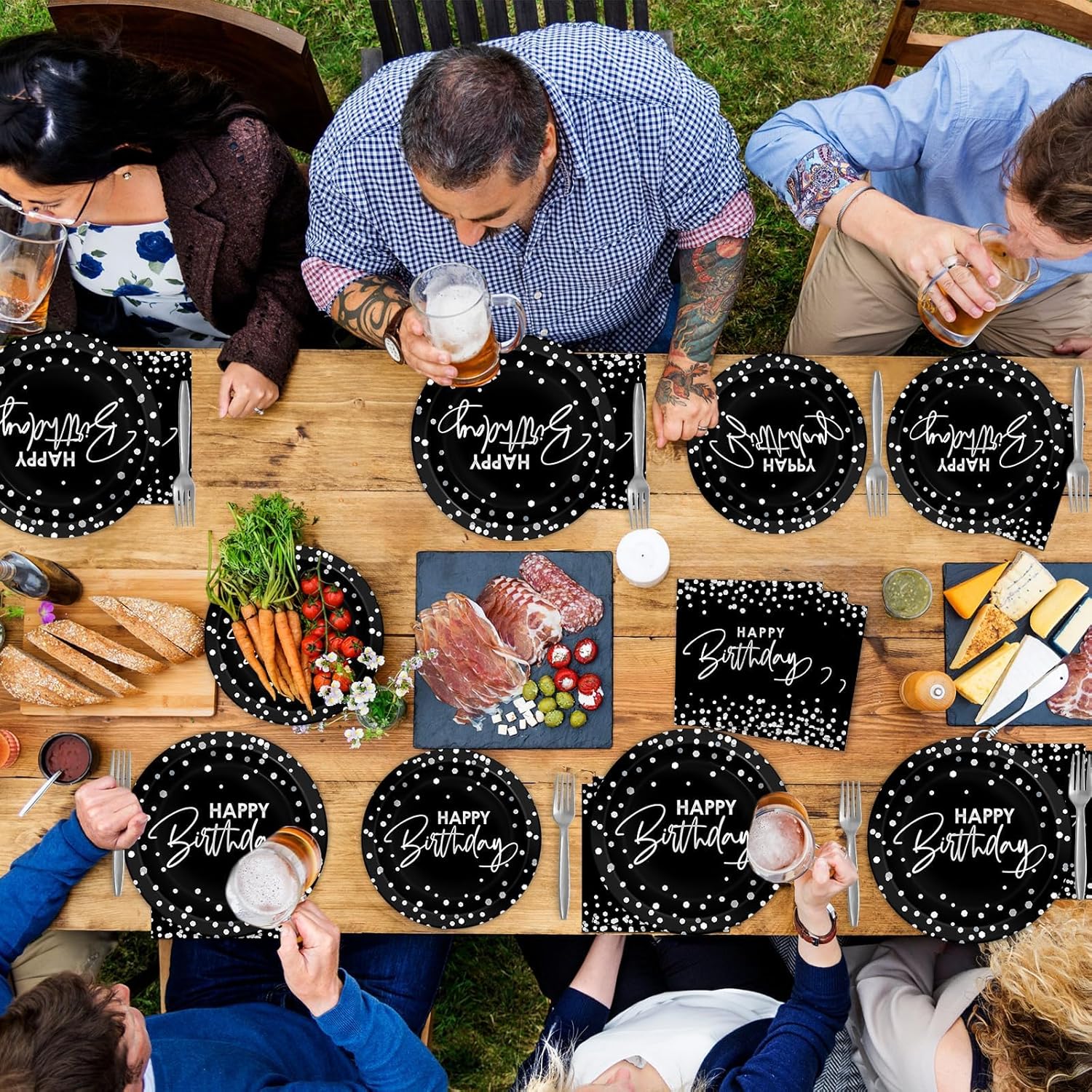 Wiooffen 96PCS Black Silver Birthday Paper Plates and Napkins Party Supplies Happy Birthday Party Decorations Disposable Birthday Party Tableware Dinnerware Set for Women Men Birthday Serves 24 Guests - Image 7