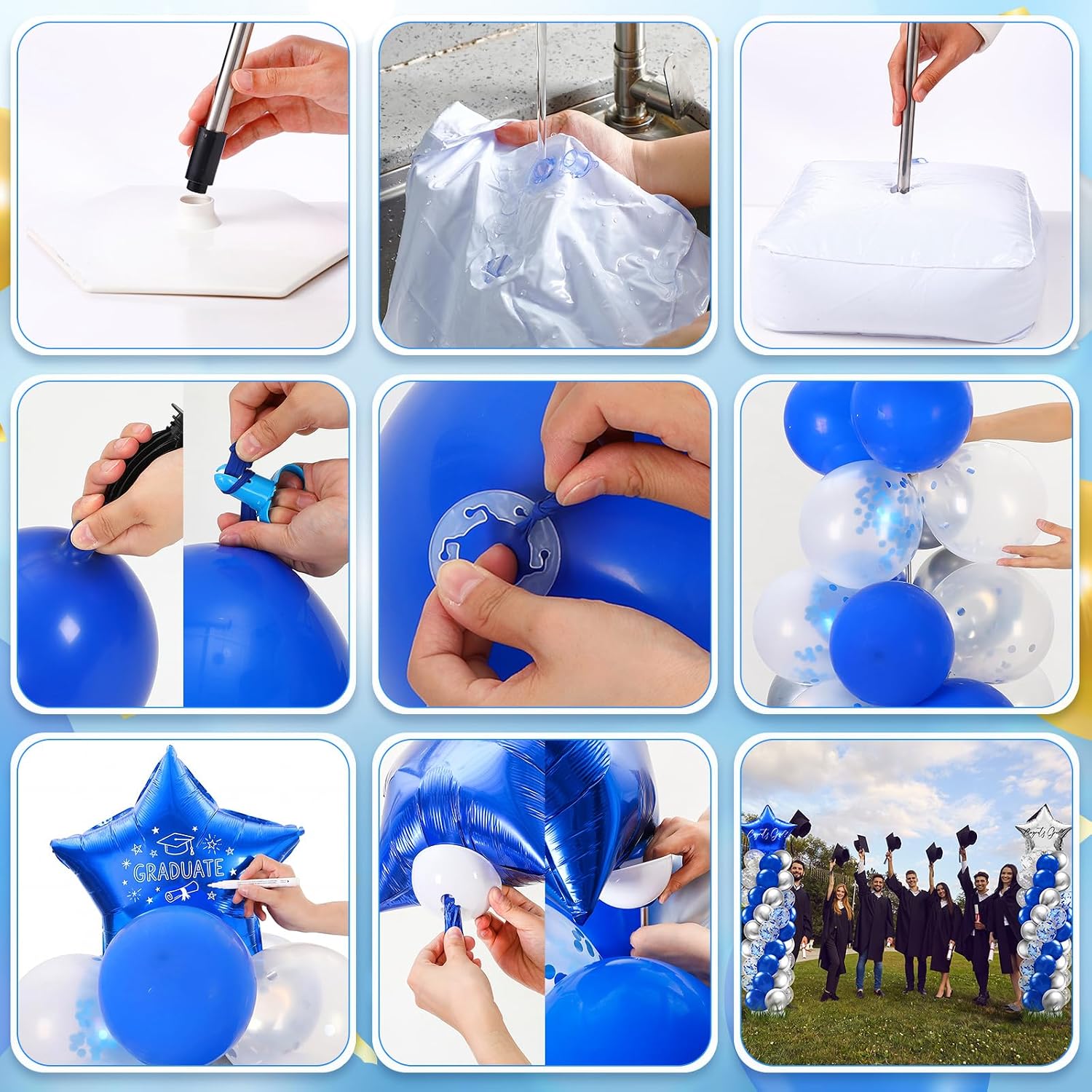 Lunmon 2 Sets Navy Blue Silver Balloon Column Stand Kit with Adjustable Balloon Stand Navy Blue Star Arch Grland for Birthday, Wedding, Baby Shower, Bridal Shower, Graduation Party
