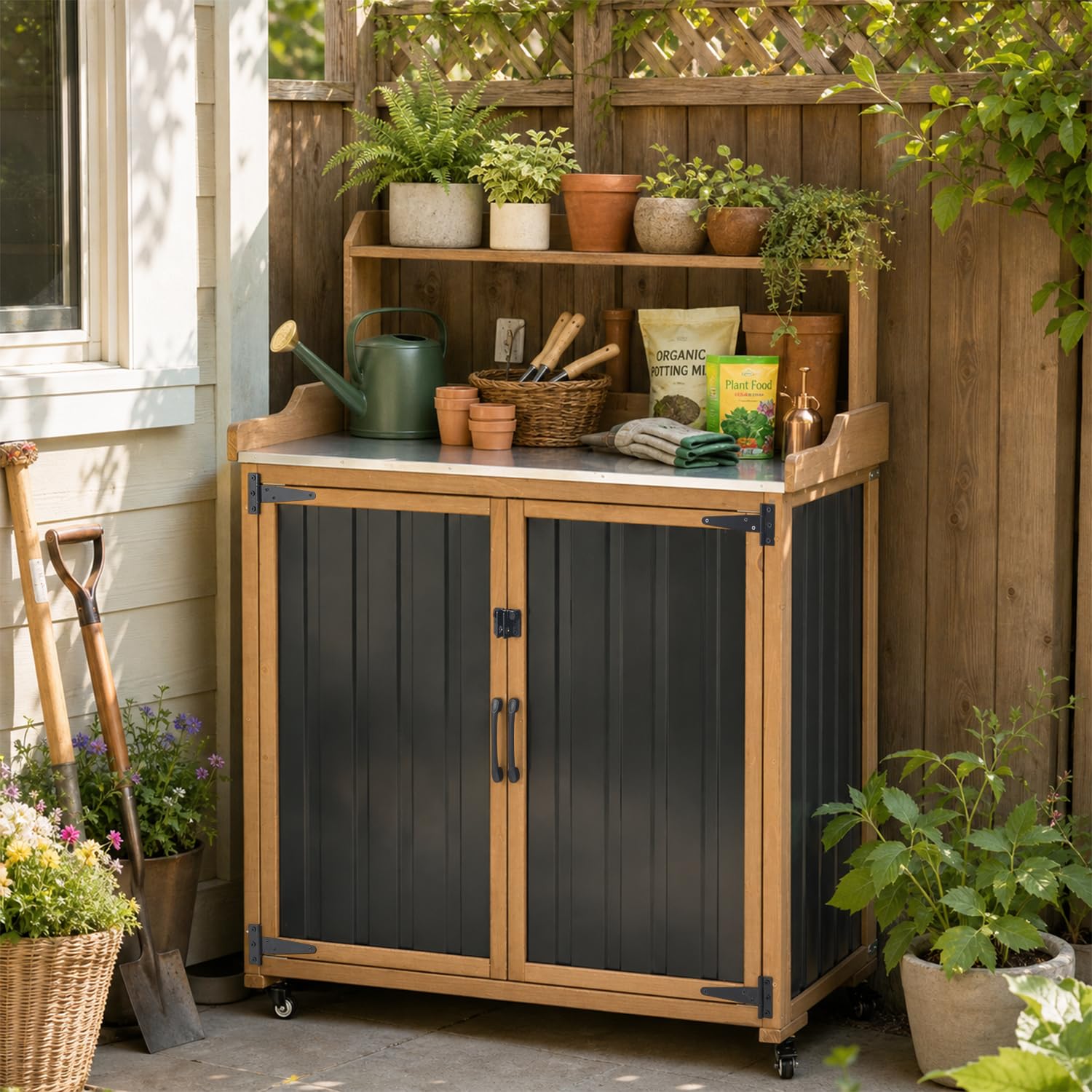 PetsCosset Potting Bench with Storage, Mobile Outdoor Cabinet with Wheels