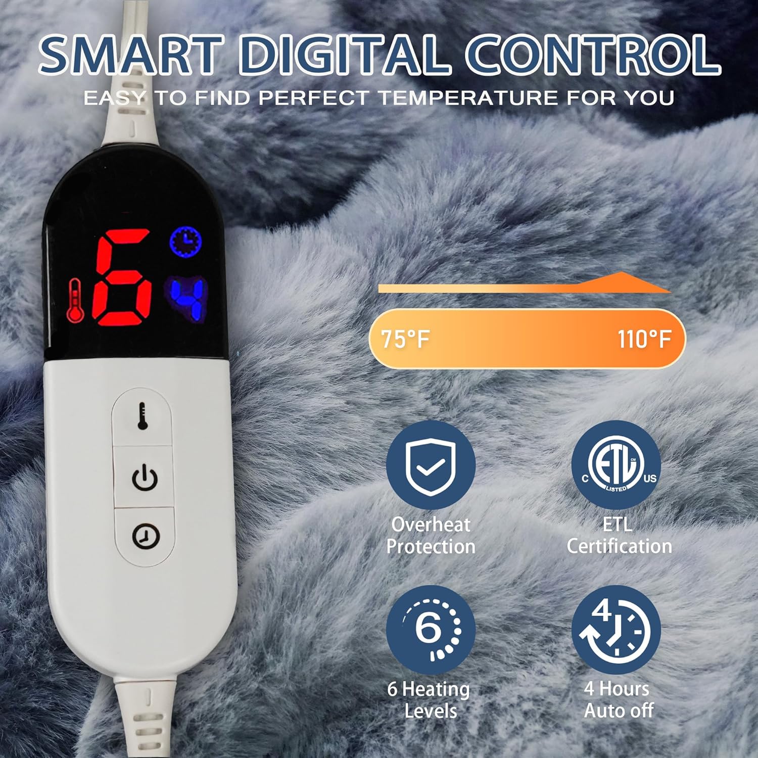 Electric Blanket, Soft Faux Rabbit Fur Bubble Heated Blanket with Dual Control 6 Heating Levels & 4 Hours Auto-Off, Machine Washable, Fast Heating (Black Gray, 50"X60") - Image 2