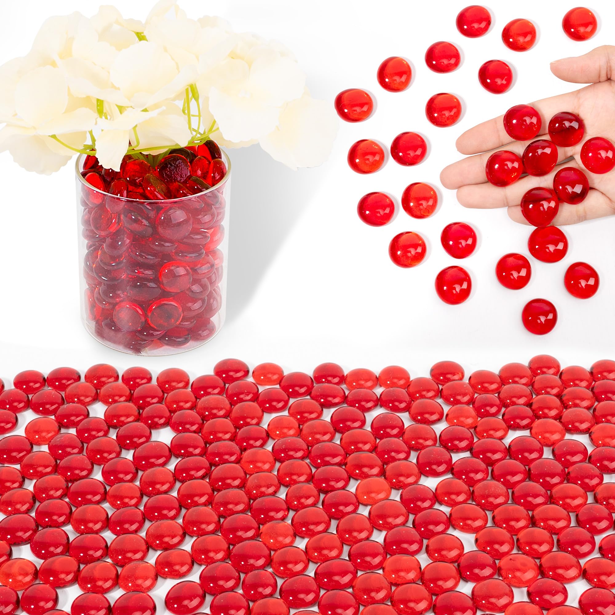 Glass Beads for Vases, 440g Mancala Stones, Decorative Vase Filler Beads Gems, Flat Marbles for Flower Holder, Crafts, Flat Glass Marbles Pebbles for Aquarium Decor, Fish Tank Decorations, Red
