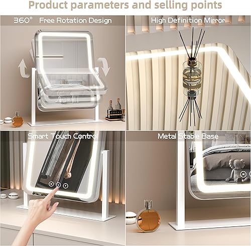 Miniatura 6 de Espejo de tocador con luces, espejo de maquillaje LED de 13.1 x 16.7 pulgadas, espejo de maquillaje iluminado con luces, control táctil inteligente