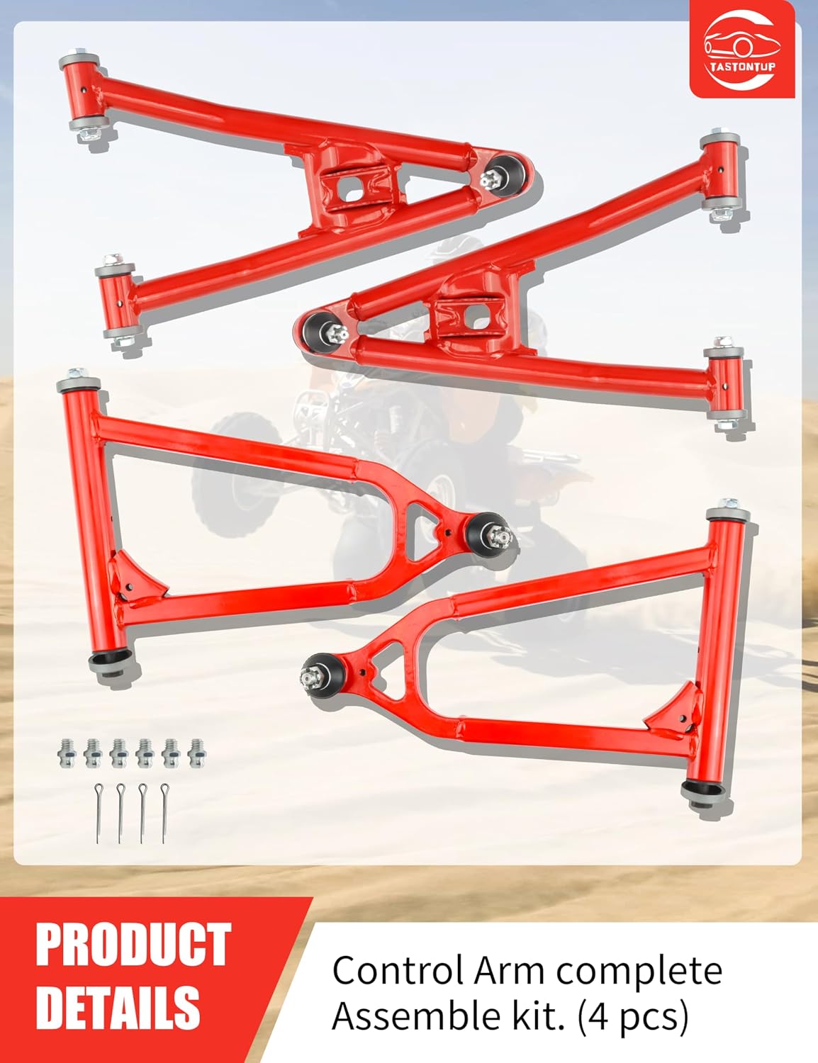 Front Upper & Lower A-Arms Kit for Yamaha YFZ450 2004–2009, Steel Replacement Control Arms Set, Direct Bolt-On Front Suspension Arms, Red