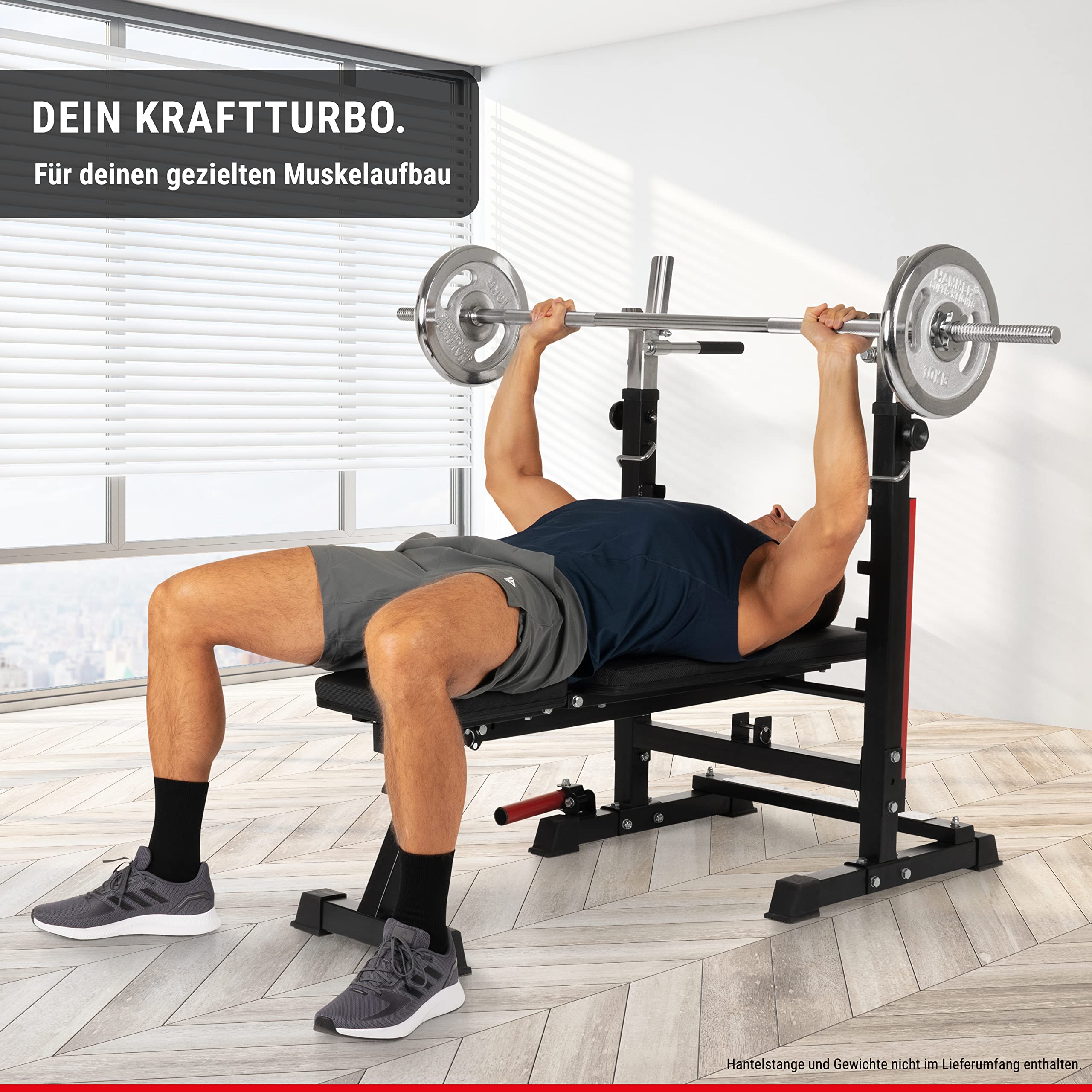 HAMMER Hantelbank Force 4.0 mit Rack, Hantelbank klappbar, Schrägbank, Flachbank, max. 180 kg Körpergewicht, Dipgriffe, Langhantelablage - Trainingsbank verstellbar Home Gym Bankdrücken