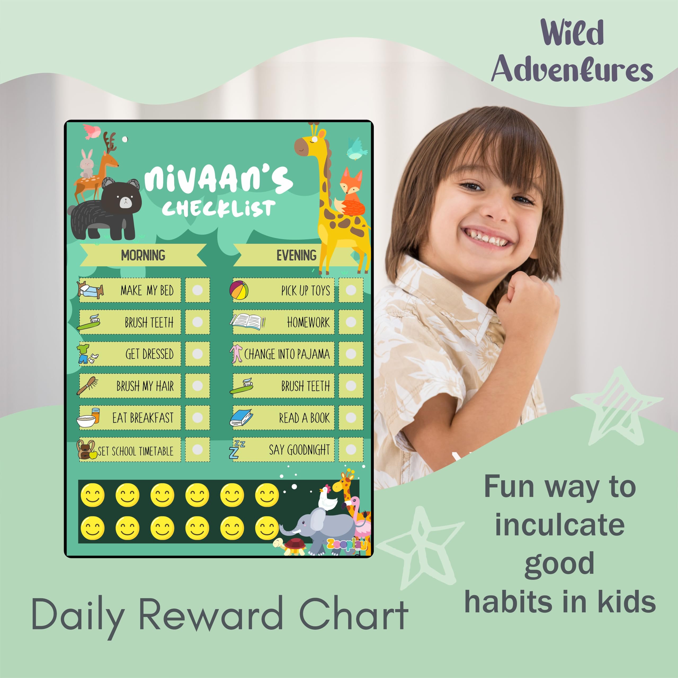 Zooplay India Personalized Daily Reward Chart- Wild Adventures I Reusable Wooden Checklist with Smilies, Detachable I Healthy Habits trackerTool for KidsI Daily Chores Tracker (Pack of 1) - Image 3 thumbnail
