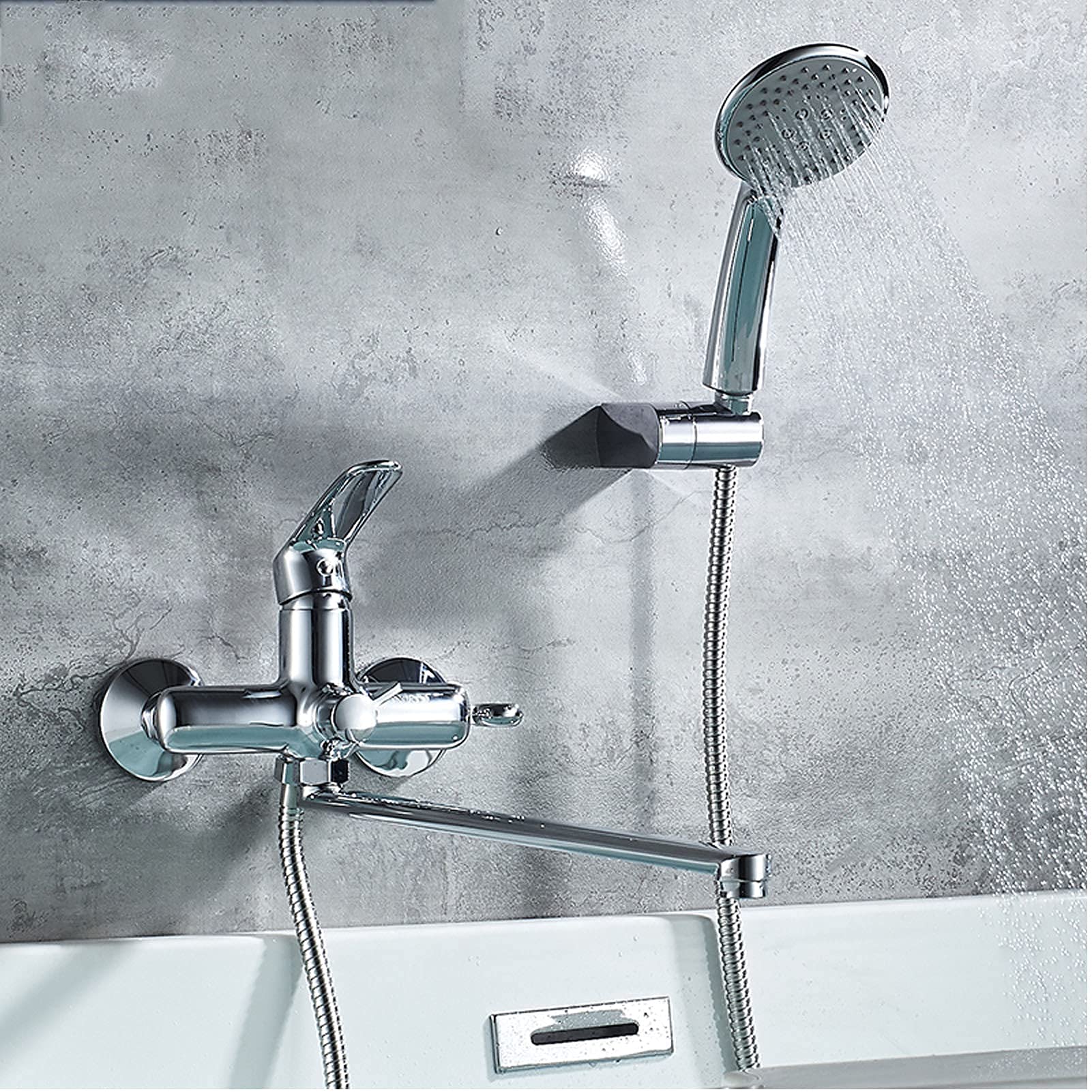 Grifo clásico para bañera montado en la pared, cromado, grifo para bañera de latón con cabezal de ducha de mano de 5 modos, salida de agua giratoria de 40 cm de largo, grifo mezclador para ducha de