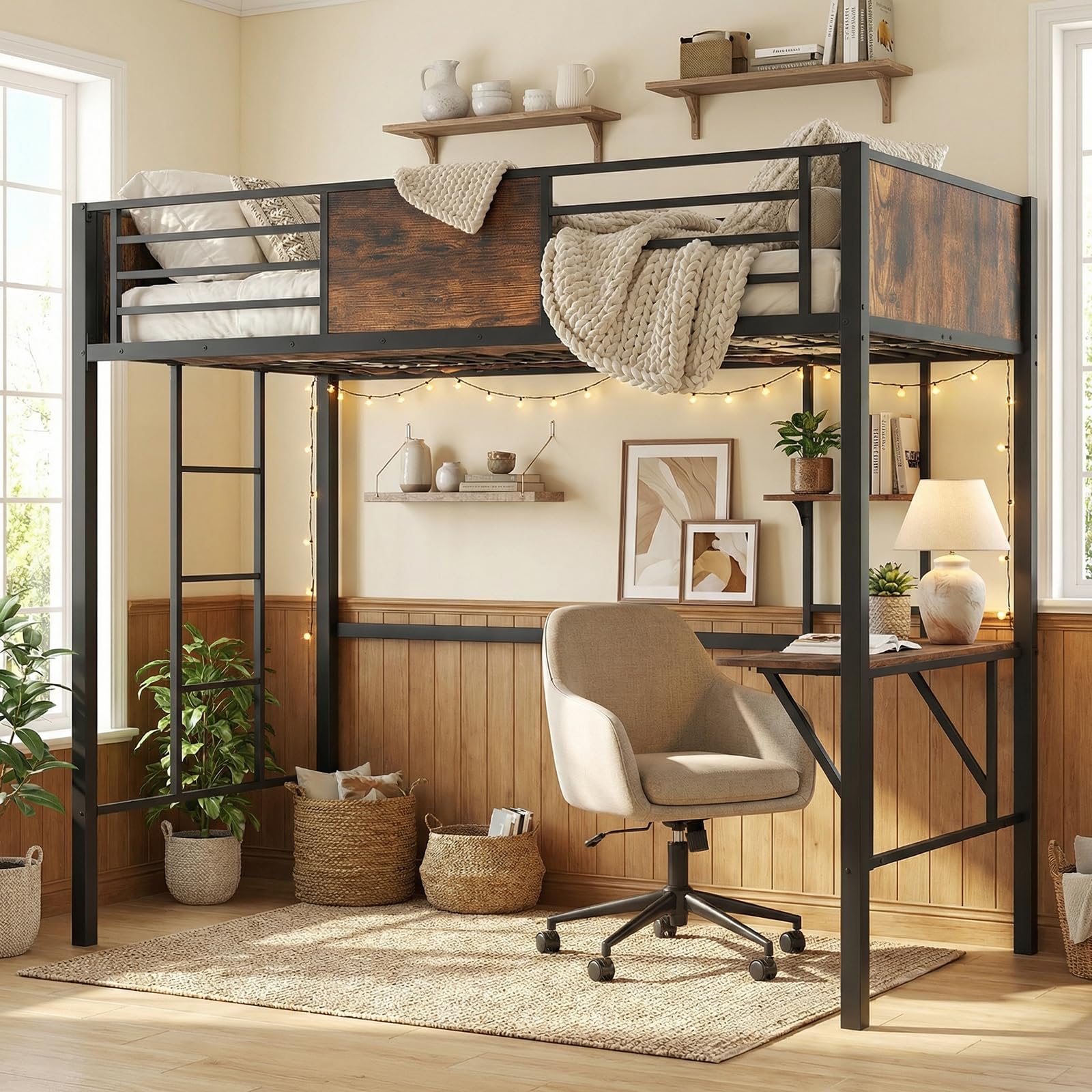 Multigot Metal Bunk Bed with Desk, Single Loft Bed Frame with Storage Shelf and Safety Guardrail, Metal Slatted High Sleeper Beds Space Saving Gaming Beds for Teenagers Adults, No Box Spring Needed