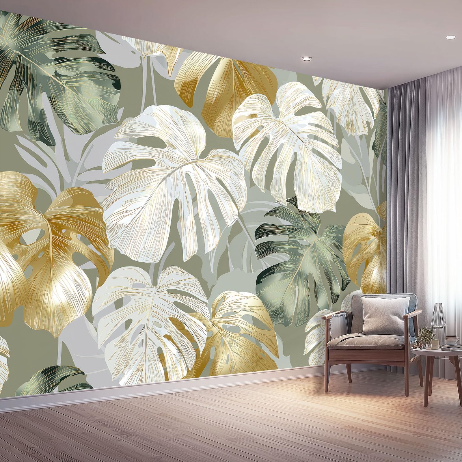 Tapeta ścienna 400 x 280 cm do salonu sypialnia kuchnia - luksusowy tropikalny wzór liści monstera - łatwy w montażu, druk o wysokiej rozdzielczości, wodoodporny i łatwy do czyszczenia, zielony