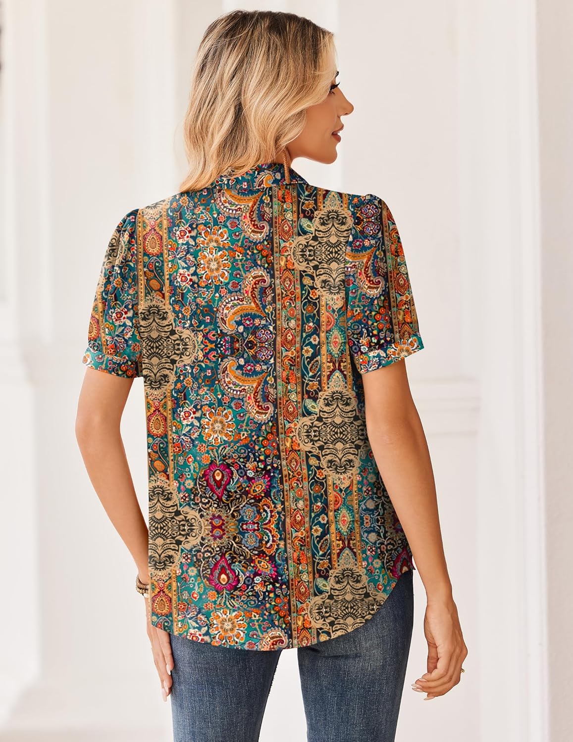 Zeagoo Women Button Down Shirts Puff Short Sleeve Blouses Chiffon Tops Business Casual Outfits Summer Clothes - Image 5