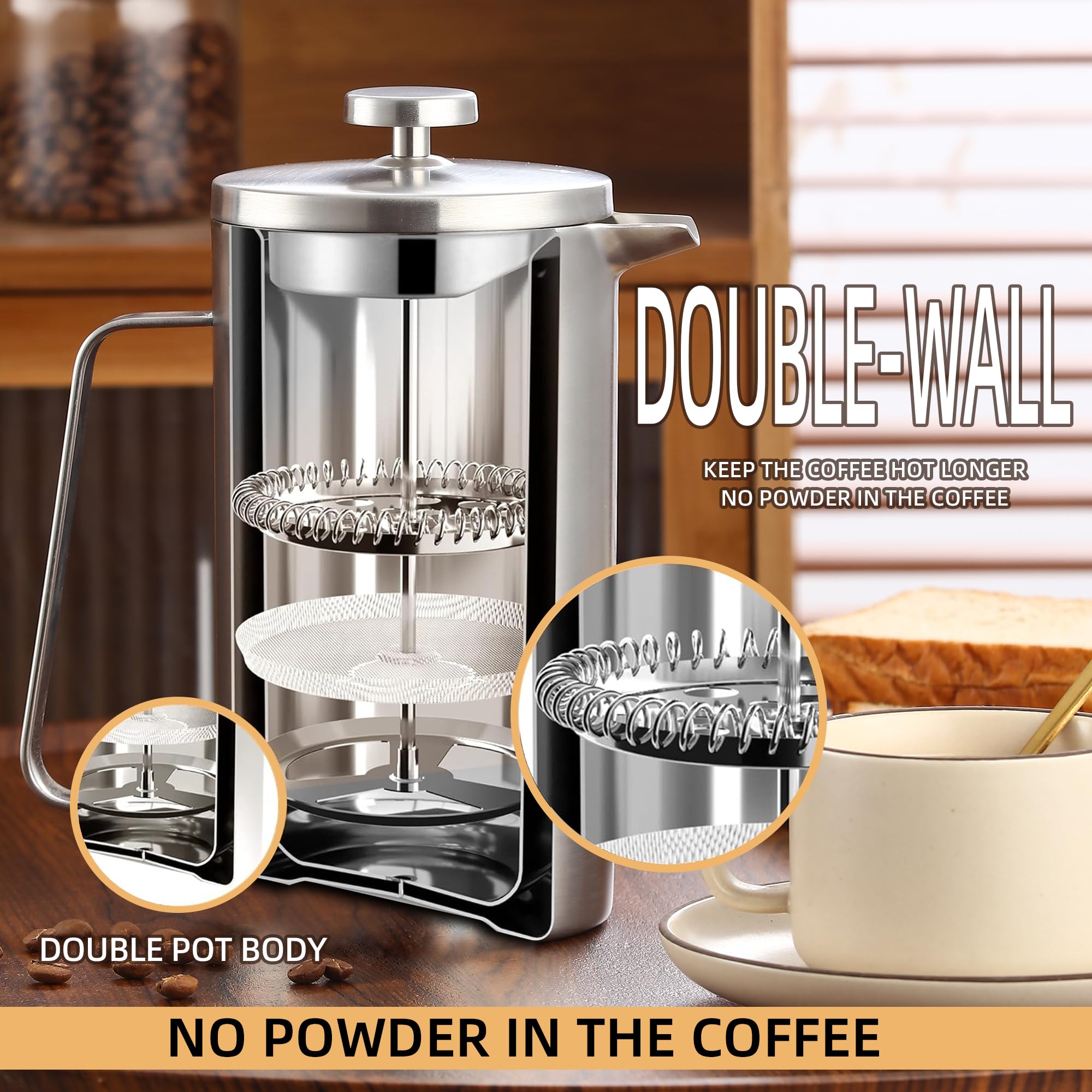 Misichao Petite cafetière à piston 2 tasses Argenté 350 ml | Cafetière isotherme en acier inoxydable avec système de filtration à 3 niveaux, cafetière manuelle