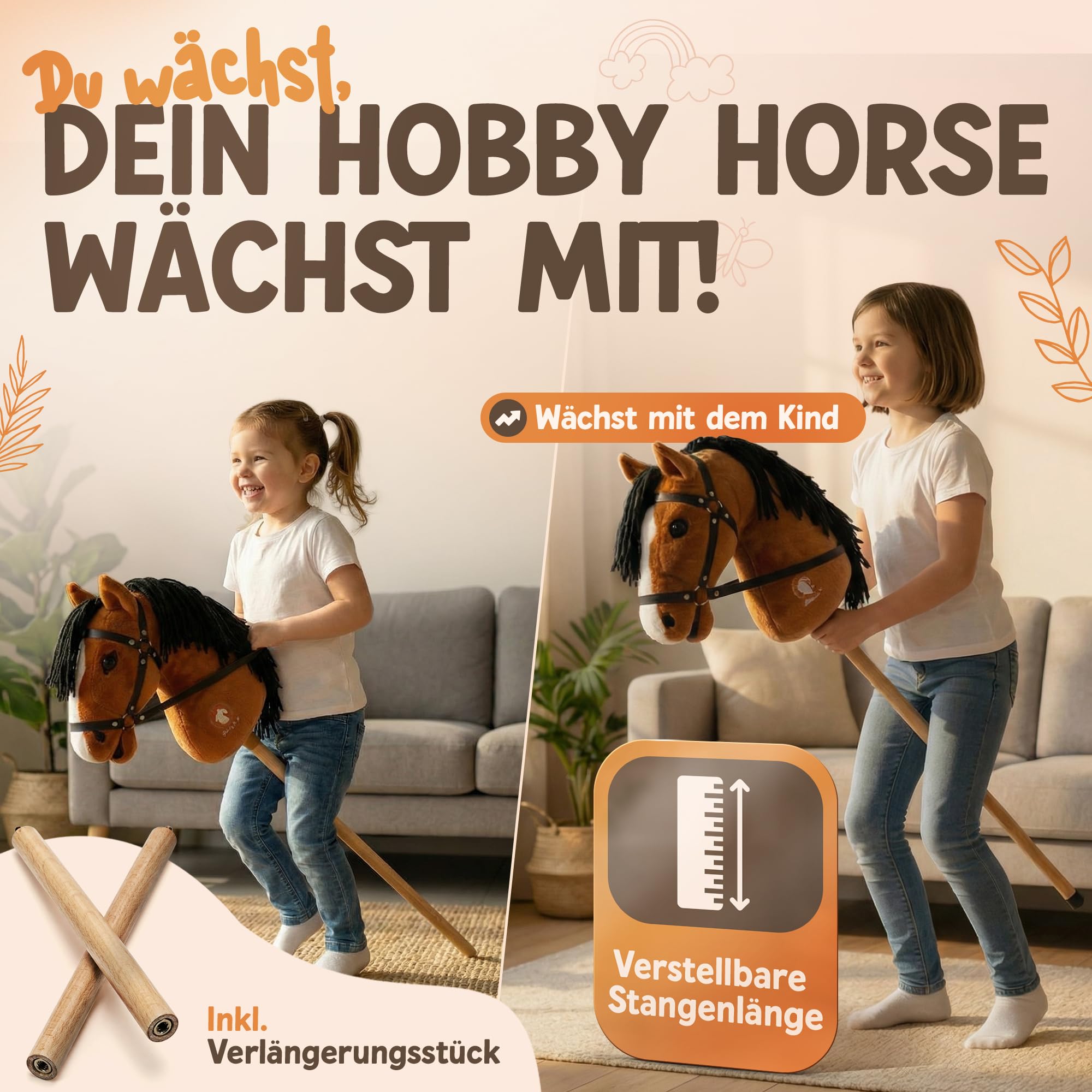 Hobby Horse mit anpassbaren Holzstangen, Steckenpferd Braun, Hobby Horse Pferde für Reitspass, Steckenpferde Kinder, Stockpferd, Stockpferd für Kinder,