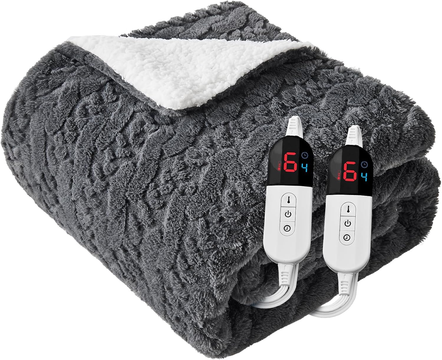 Electric Heated Blanket Queen Size Dual Control - Jacquard Shaggy Sherpa 84"x90" Fast Heating Bed Blankets with 6 Heating Levels & 10 Hours Auto Off, Over-Heat Protection ETL, Dark Gray Dark Gray Jacquard Queen 84"x90"