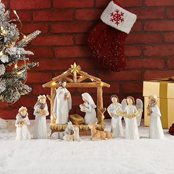 12 Lighted Nativity Scenes - White Hand Painted Nativity Set Resin Figures, First Christmas Story Decoration, Holy Family Keepsake Tub Little People Nativity Set Indoor Mantel Shelf Tabletop