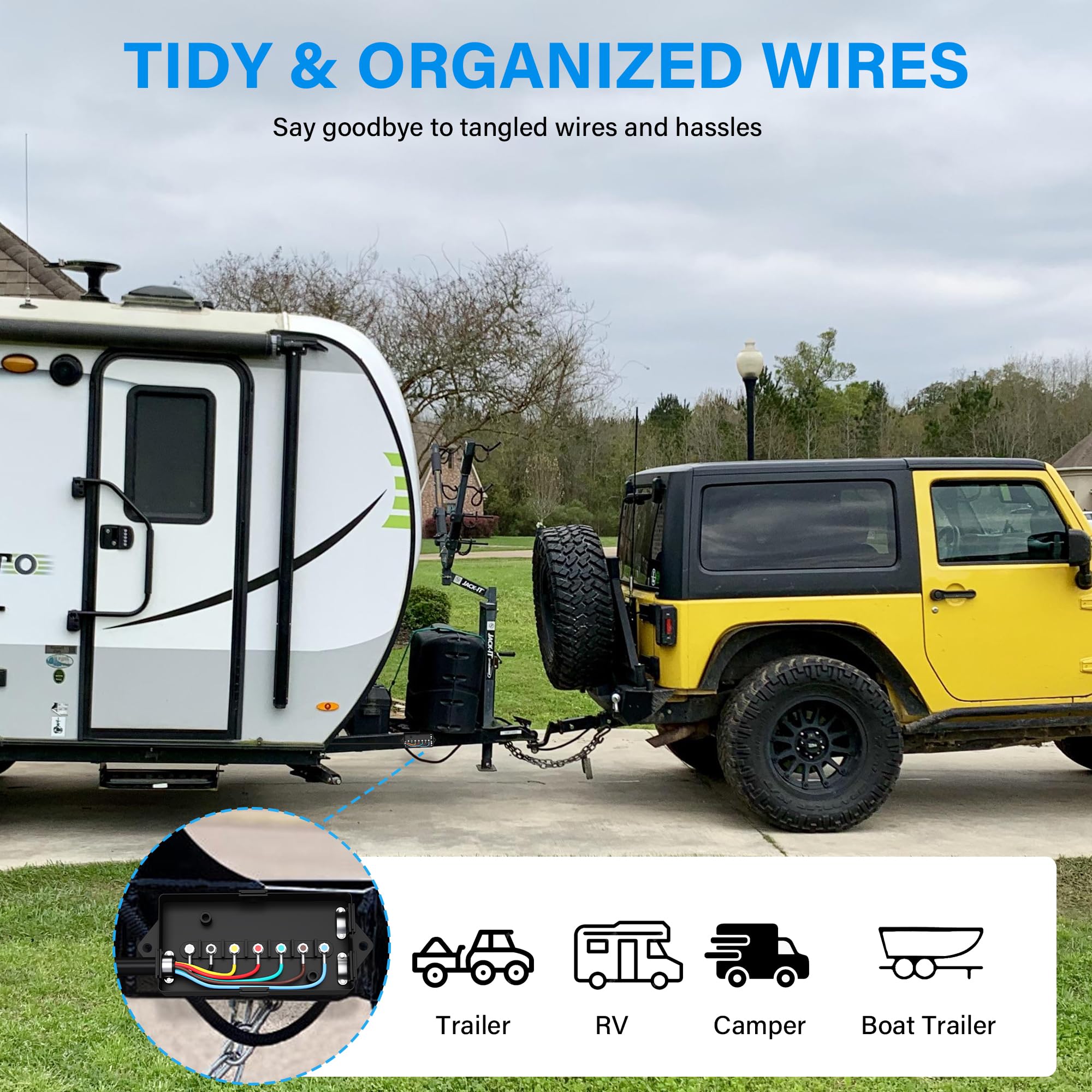 Cable de remolque en línea de 7 vías resistente de 15 pies con caja de conexiones impermeable de 7 bandas, extensión de cable conector de 7 pines para RV, camión, caravana, barco, enganche de remolque