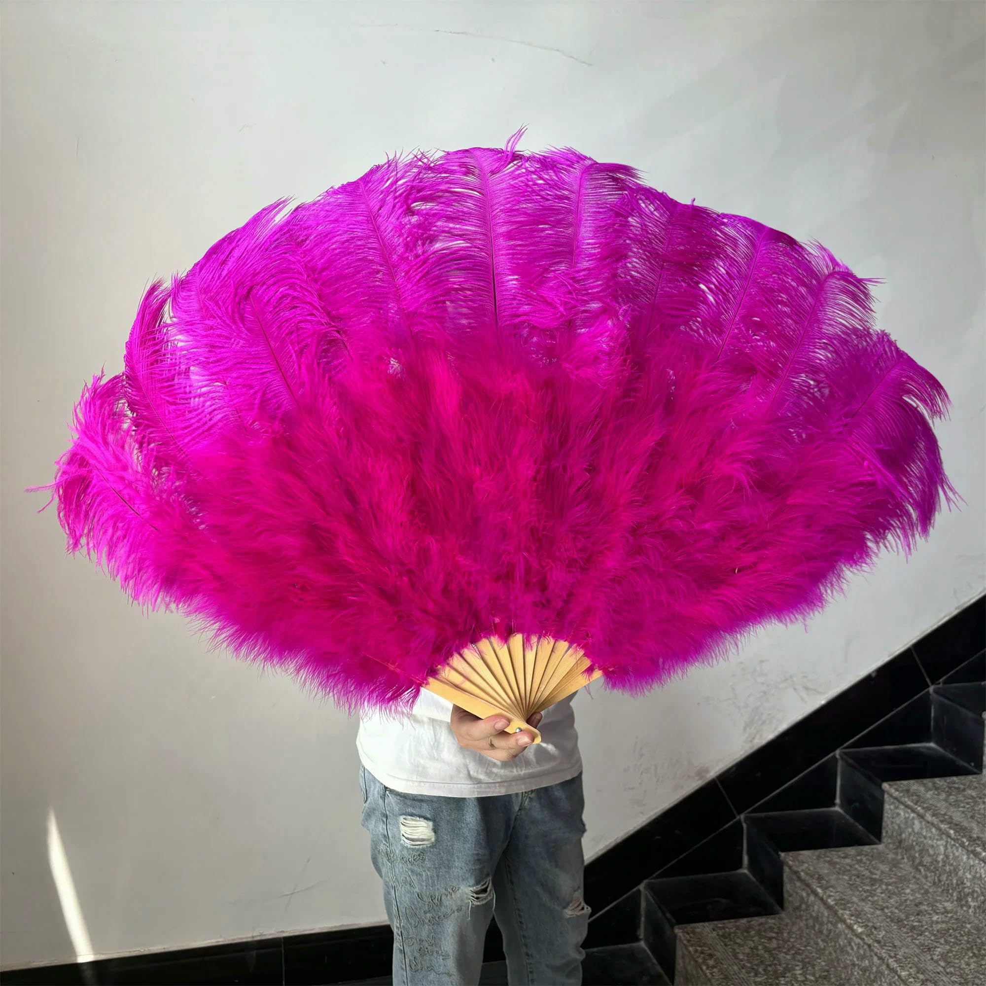 Naturfarbener, hellblauer Straußenfederfächer, 70 cm, faltbar, für die Hand, geeignet für Burlesque, Tanz, Hochzeiten und Bühnenauftritte – rotbraun – 70 cm, für Linkshände