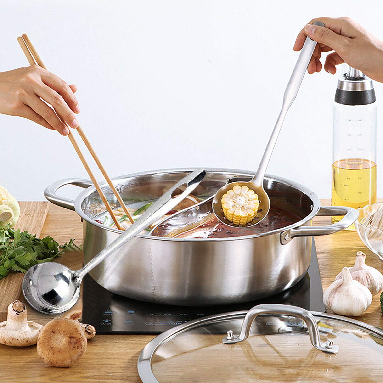 Hot Pot, 28 cm/32 cm dubbele scheiding Shabu roestvrij staal glazen deksel vuurpan met 2 kamers mandarijn pot mini draagbare raam kooktoestel multikoker (28 cm met soeplepel zeef