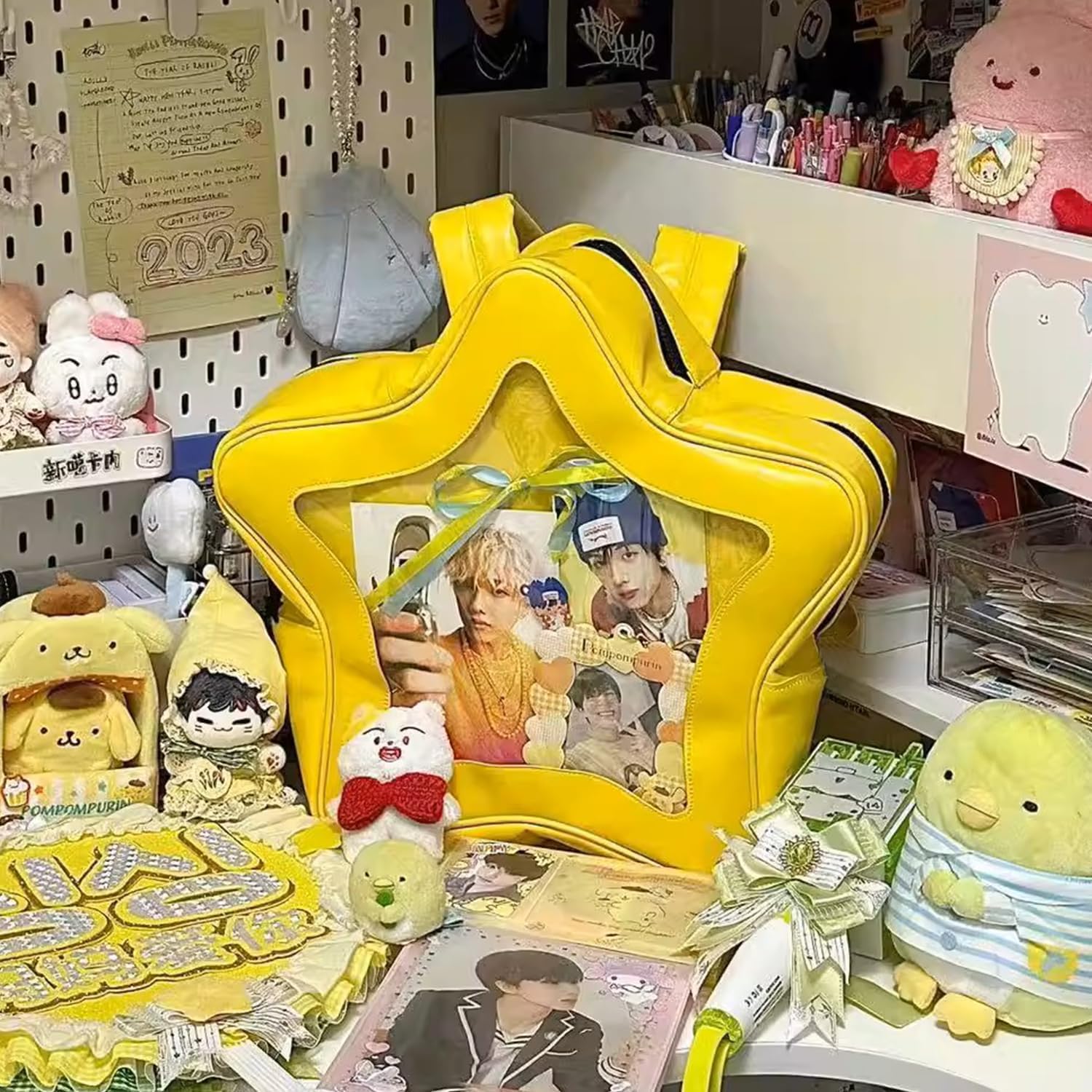 Y2K Aesthetic Kawaii Yellow Star Ita Bag Backpack PU Leather Cute Display Insert Shoulder Bag for Women Daily Use image 2