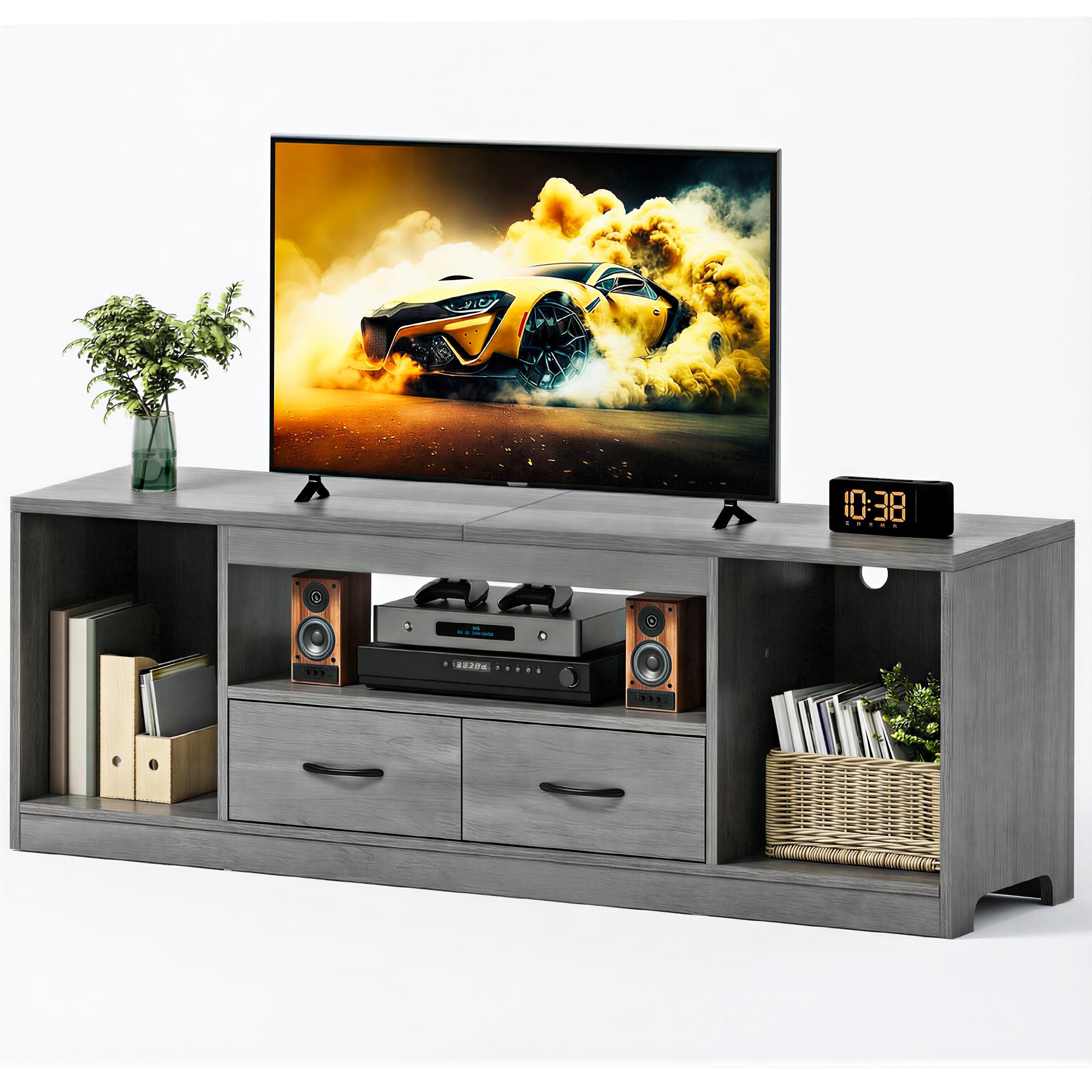 YITAHOME Grauer TV-Schrank bis 65 Zoll, 148cm Lowboard mit 2 Schubladen | 3 verstellbare Regalböden und 2 Stoffschubladen für ordentlichen Stauraum im Wohn- und Schlafzimmer.