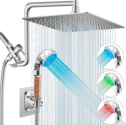 Cabezal de ducha filtrado con LED, cabezal de ducha de lluvia de 12 pulgadas con brazo de extensión ajustable curvado de 12 pulgadas, cabezal de