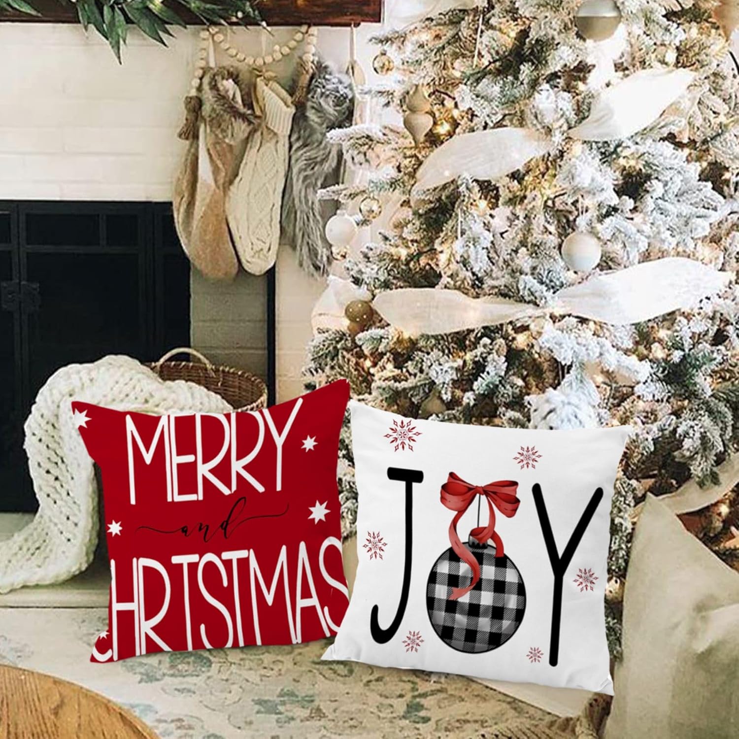 22x22 Christmas Pillow Covers Set of 4 Let It Snow 22 x 22 Merry Christmas Pine Tree Square Velvet Fabric Two Sides Print Throw Pillow Case Outdoor Decor for Home Sofa Bed Couch 22 Inch