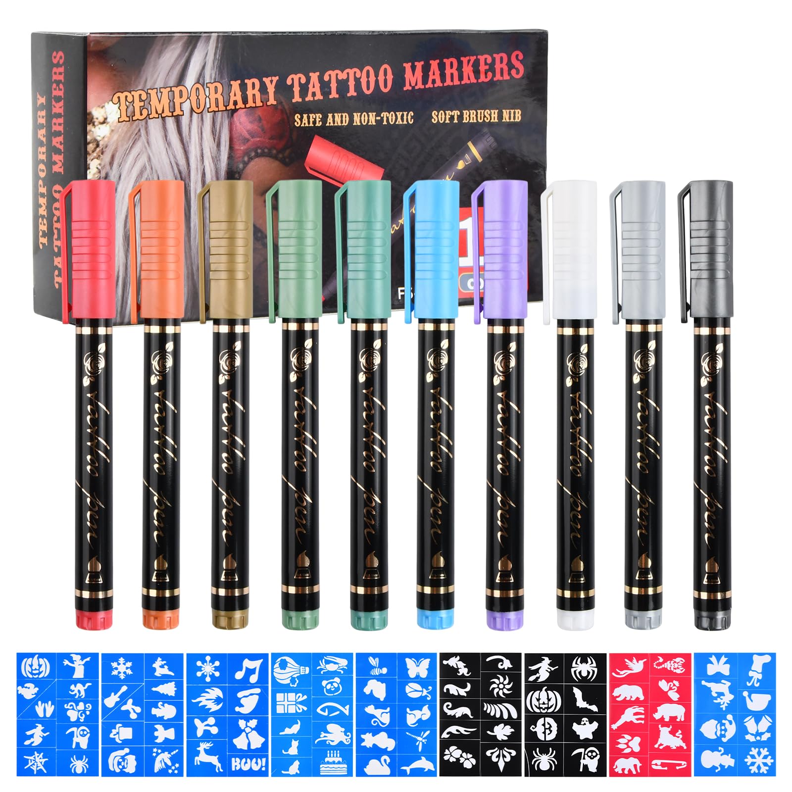 – Tattoo Pens for Children, 10 Colors, Skin Temporary Face Paint Tattoomarkers with 88 Tattoo Stencils, Skin-Friendly Bodytattoo Pen for Boys and Girls, Fancy Dress, Birthday Party, Halloween