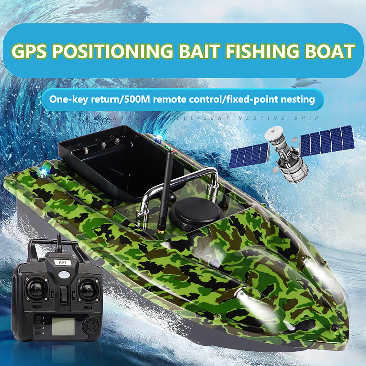 Barco de cebo RC de 500 m para pesca con 2 baterías de 12 000 mAh y bolsa para bote, retorno automático por GPS, capacidad de carga de 1,5 kg (3,3 lb), contenedor de descarga y luz nocturna LED