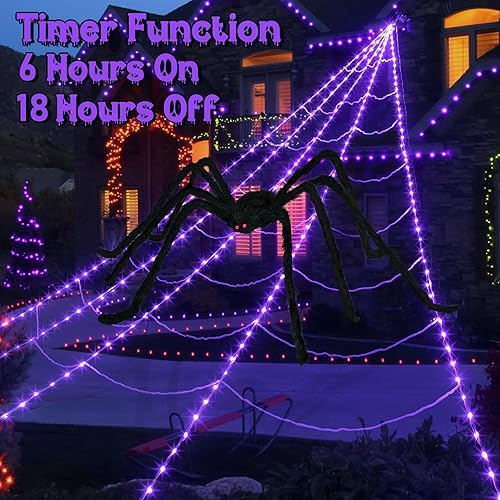 Miniatura 5 de Decoración de telaraña de Halloween con 250 luces LED, telarañas para decoración de Halloween al aire libre con araña grande de 59 pulgadas y