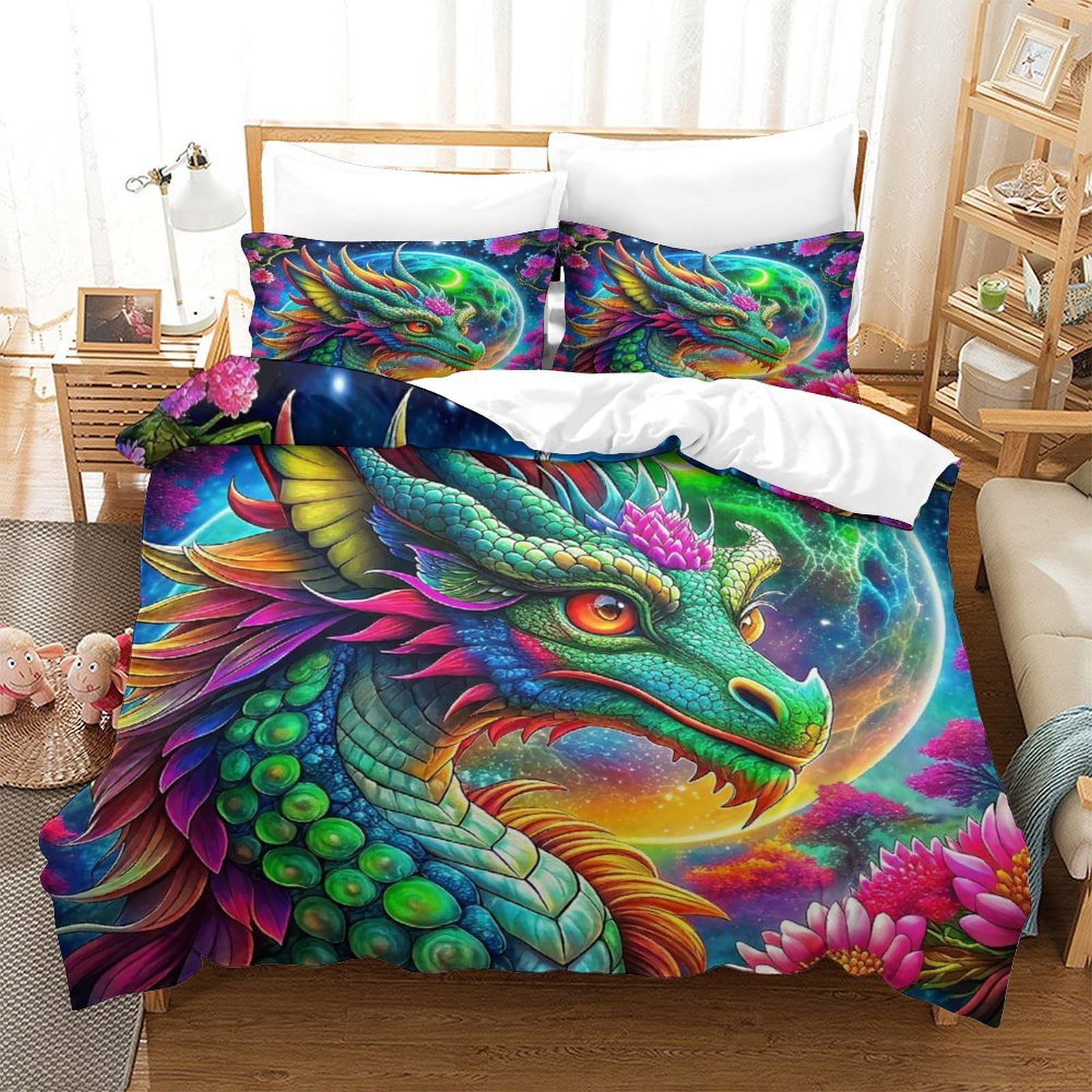 Parure de lit dragon 3D en microfibre 220x240 avec housse de couette zippée et taies d'oreillers