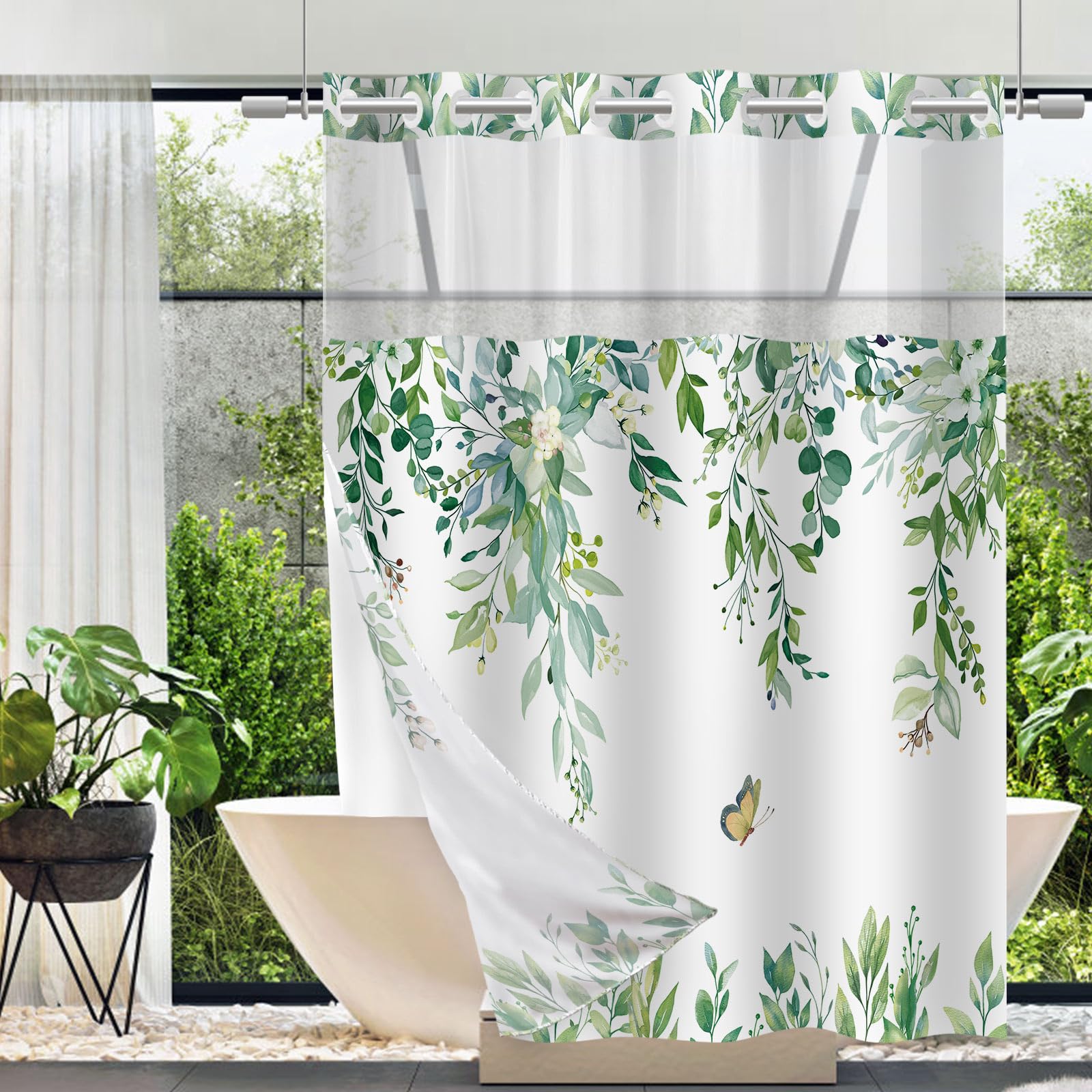 TWLSNCD No Hook Shower Curtain and Liner Set, Light Green Eucalyptus Floral Shower Curtains for Bathroom, Bath Curtain Sets with Snap in Liner,