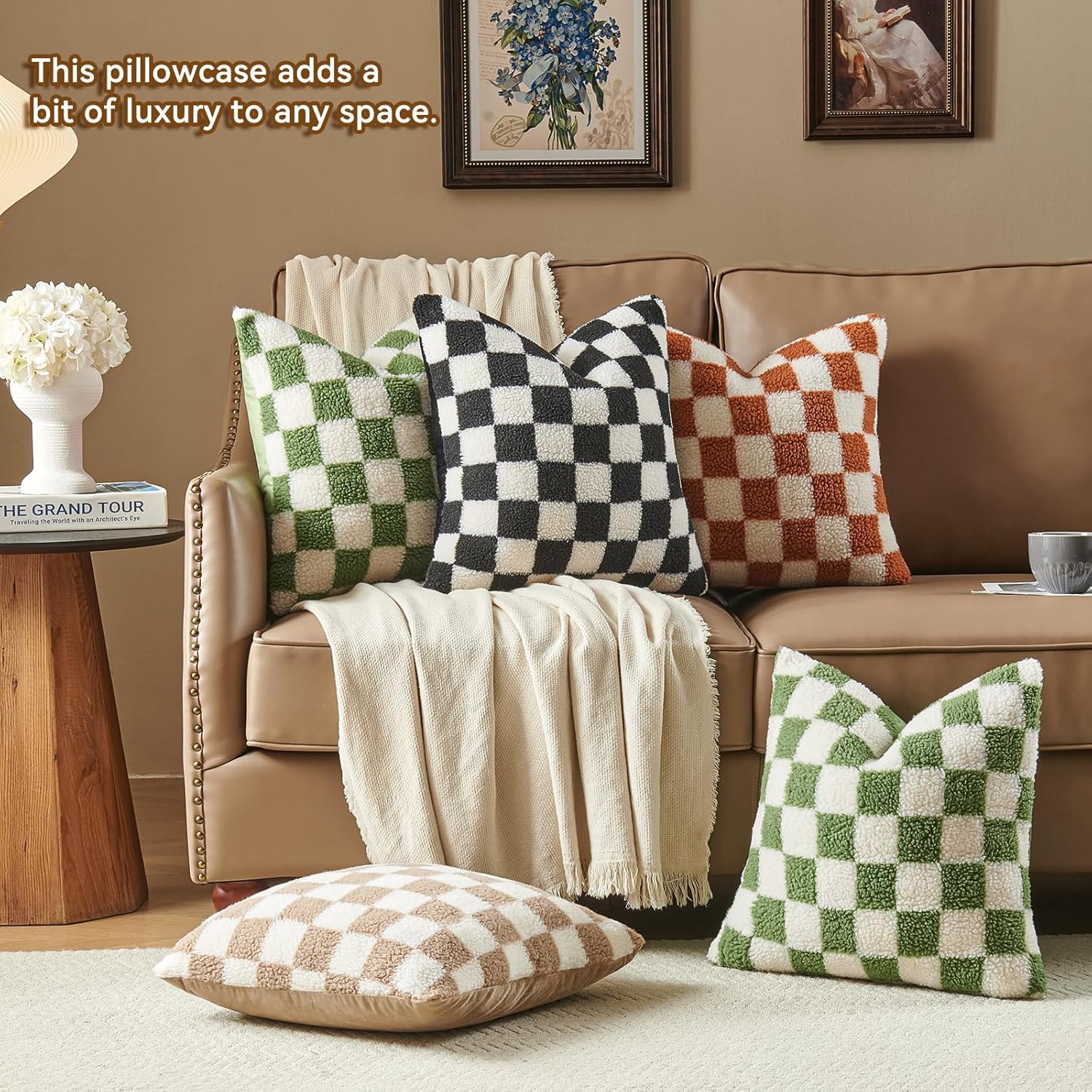 AmHoo Pack of 2 Decorative Throw Pillow Covers Checkerboard Luxury Super Soft Faux Fur Wool Set Case Cushion for Couch Sofa Bedroom 26 x 26-Inch Burnt Orange