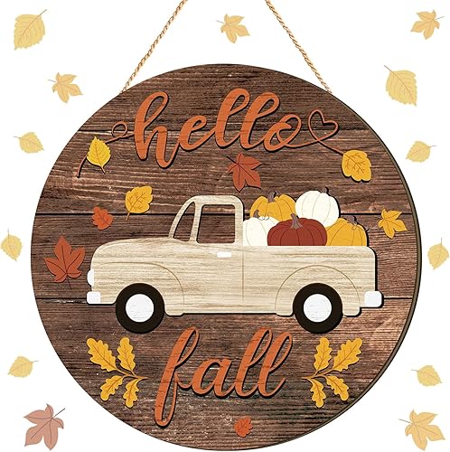 Boao Letrero de madera con texto en inglés Hello Fall con diseño de calabaza para puerta delantera, hojas de arce, decoración de pared de Acción de