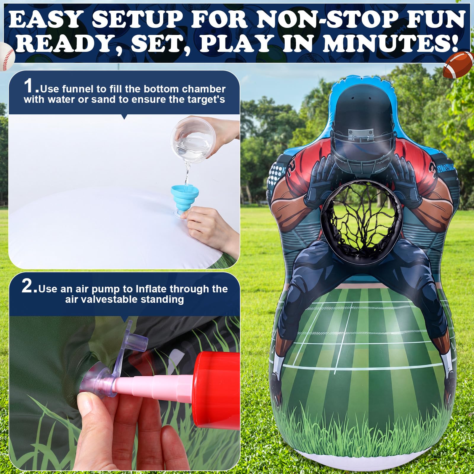 Juego inflable de lanzamiento de béisbol de doble cara con 6 bolas, bomba de aire, embudo, juegos de lanzamiento para interiores, exteriores, patio trasero y recuerdos de fiesta