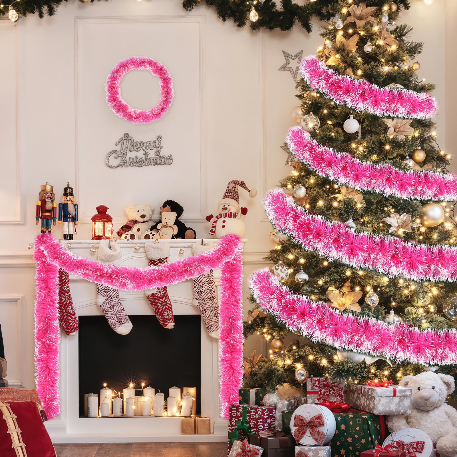 HOWAF 6Pz 12m Espumillon Arbol Navidad Rosa, Espumillon Rosa Guirnaldas Navideñas, Guirnalda Navidad Decoración, espumillón Arbol Decoración Navideña, Escalera, Chimenea, Año Nuevo
