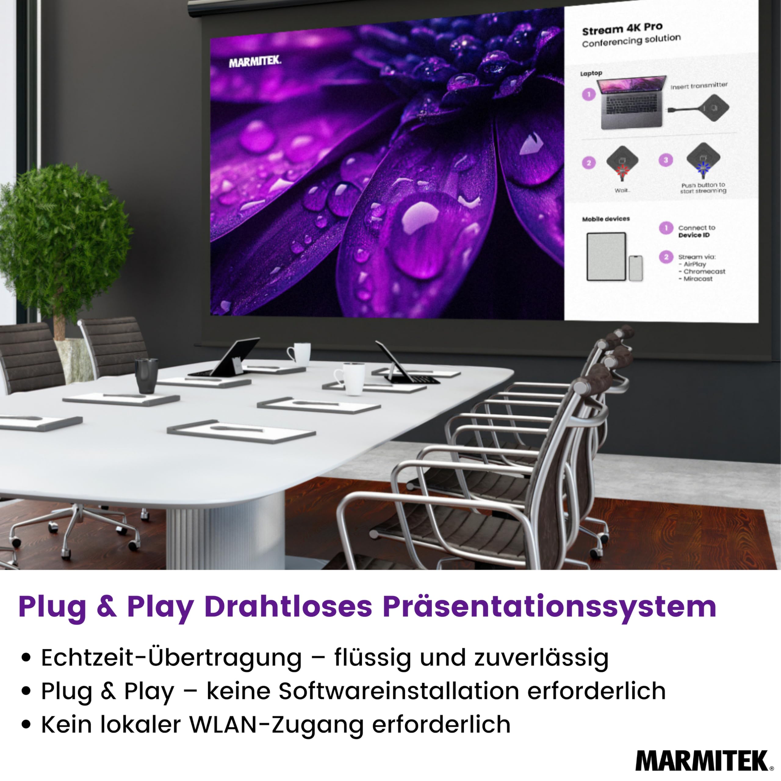 Marmitek Stream 4K Pro KIT 1TX/1RX - Drahtloses 4K Präsentationssystem | BYOD Mirroring ohne Software/WLAN, USB-C Dongle und 4K Receiver, Split Screen, Touchback, PoE, Dual HDMI und Plug & Play
