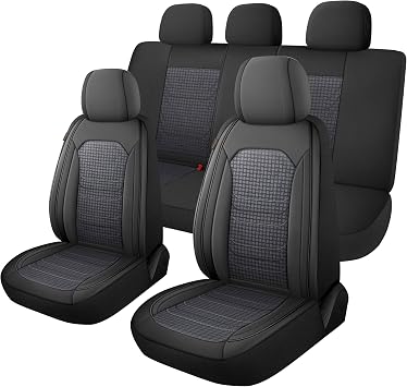 CAROMOP Premium PU Leather&Flannel Car Seat Covers Full Seats,Split Bench Compatible Car Interior Covers, Universal Fit Most Car Sedan Truck SUV5-Seat Black/Grey