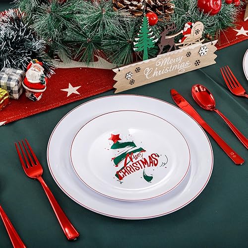 Miniatura 3 de NOCCUR 60 platos de Navidad y platos de plástico blanco y rojo, incluyendo 30 platos de cena y 30 platos de postre para fiestas temáticas de Navidad