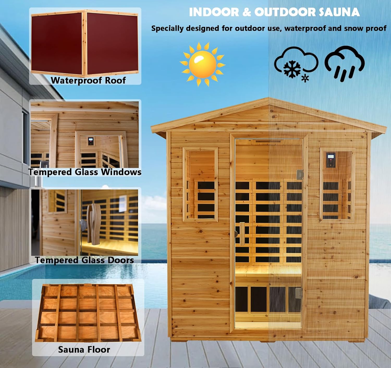 Outdoor Infrared Sauna 3 Person, Old Fir Wooden Sauna with Ergonomic Seats, 1950w, 7 Low Emf Far Infrared Heating Plates, Mid Infrared Beauty Lamp, Chromotherapy Lights, Reading Light, Bluetooth