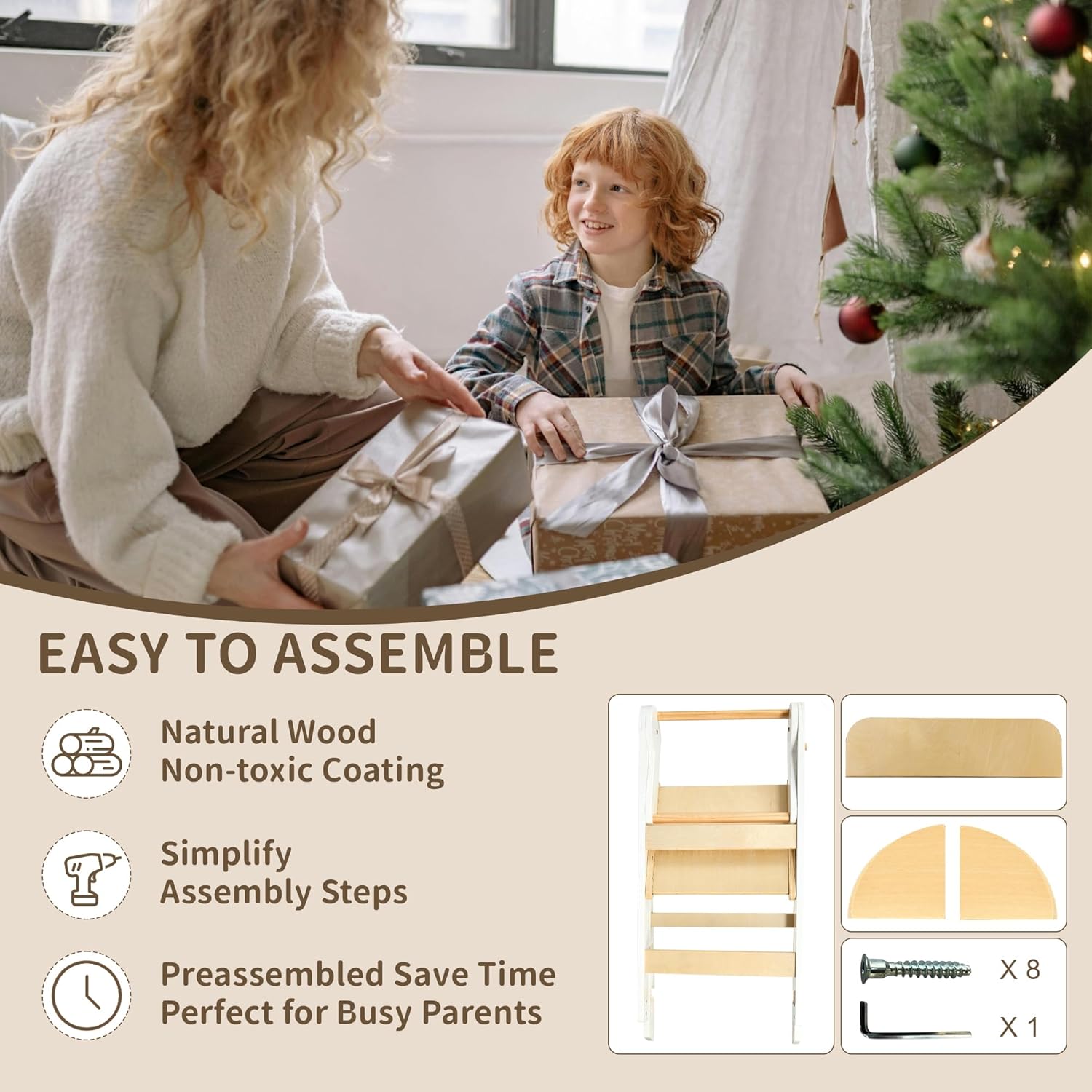 Foldable Toddler Tower Preassembled Kitchen Step Stool, Folding Tower for Learning with 3 Adjustable Heights, Montessori Toddler Standing Tower Collapsible Step Stool for Kids 1.5-6y Natural & White