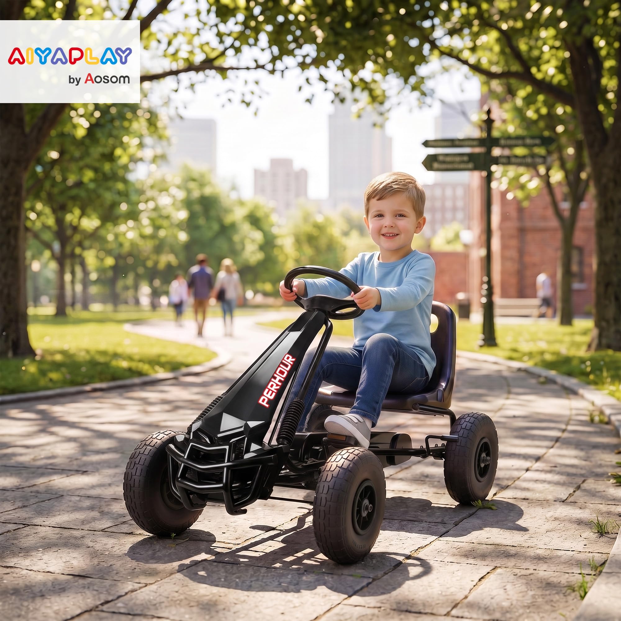 AIYAPLAY gokart dla dzieci, regulowane siedzisko, paski EVA, ręczne sprzęgło i hamulec, pojazd schodowy dla chłopców i dziewcząt w wieku 3-8 lat, czarny