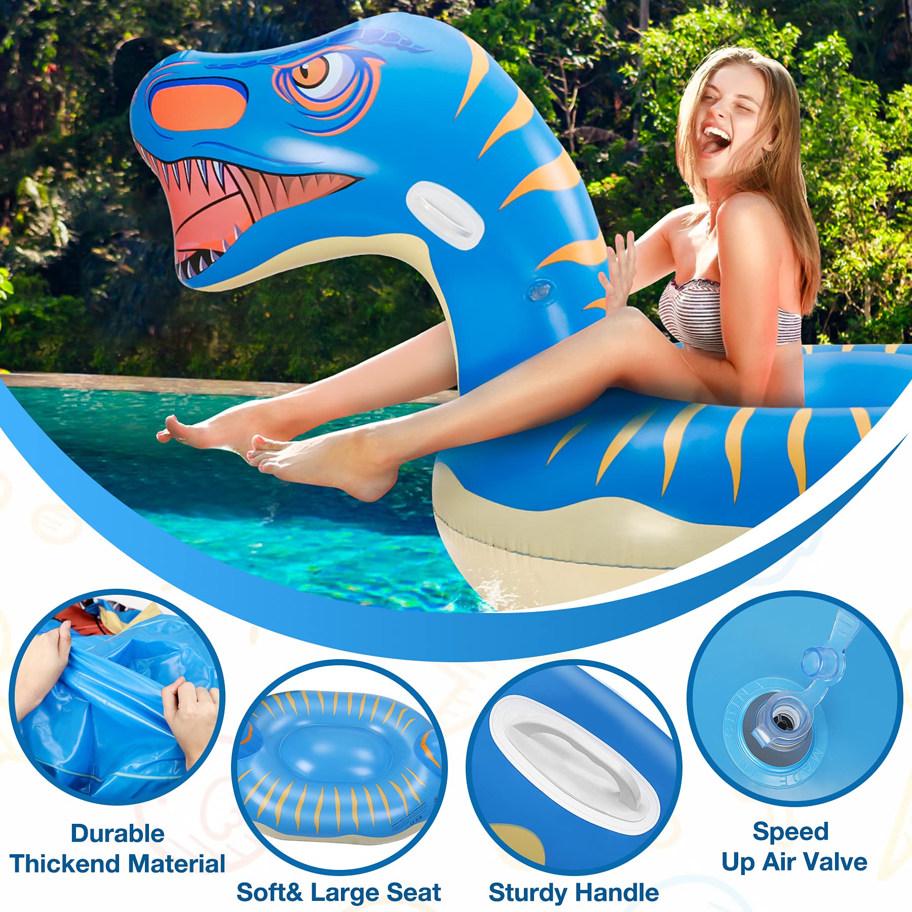 Géant Bouée Dinosaure, 275×115×100cm Bouee Dinosaure Gonflable - Durable et Sûr avec 2 Trou Gonflable et 1 Patch Autocollant, Jouets De Plage et Océan D'été Adapté pour Adultes et Enfants