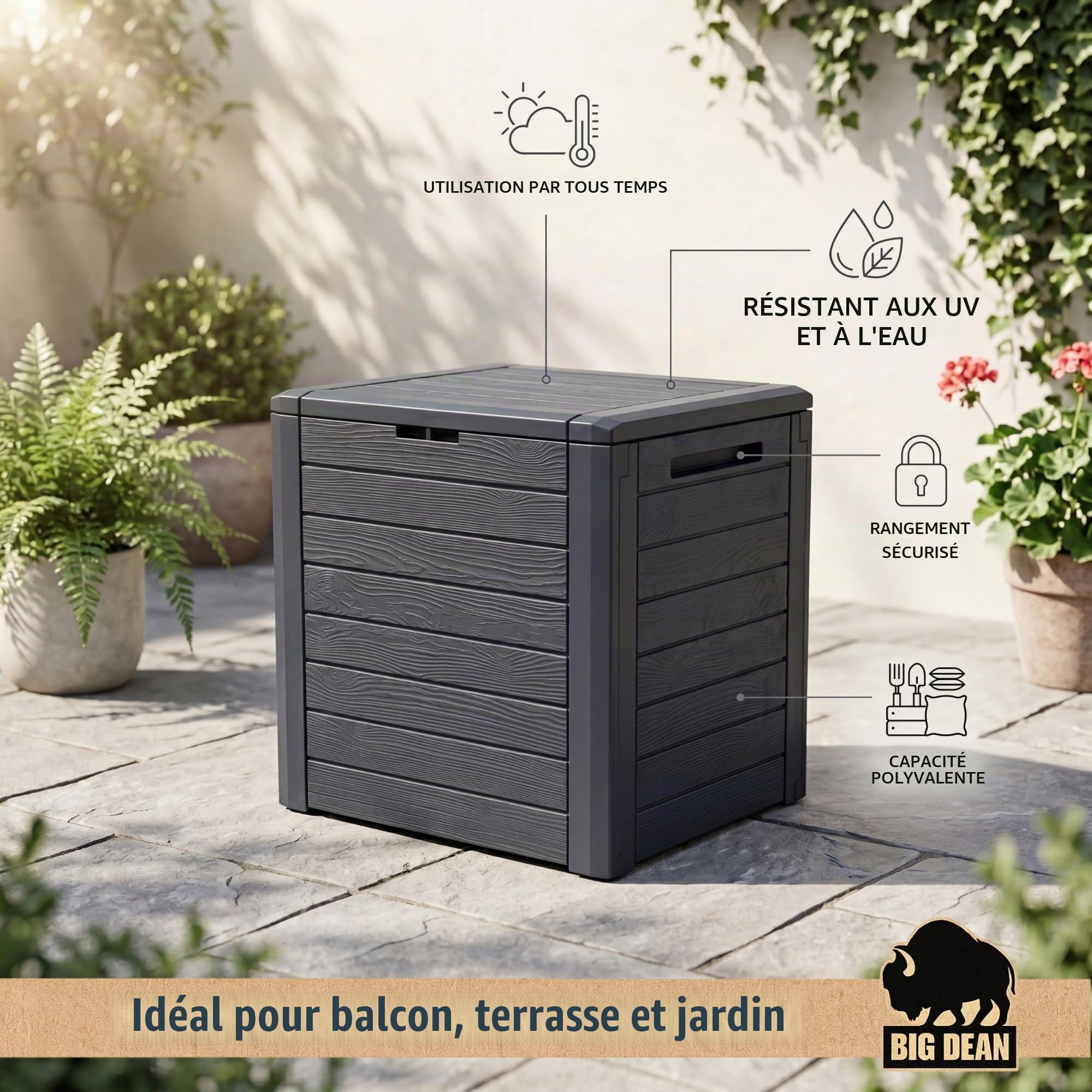 BigDean Petite boîte de jardin compacte 140 l, idéale pour balcon et petites surfaces, aspect bois