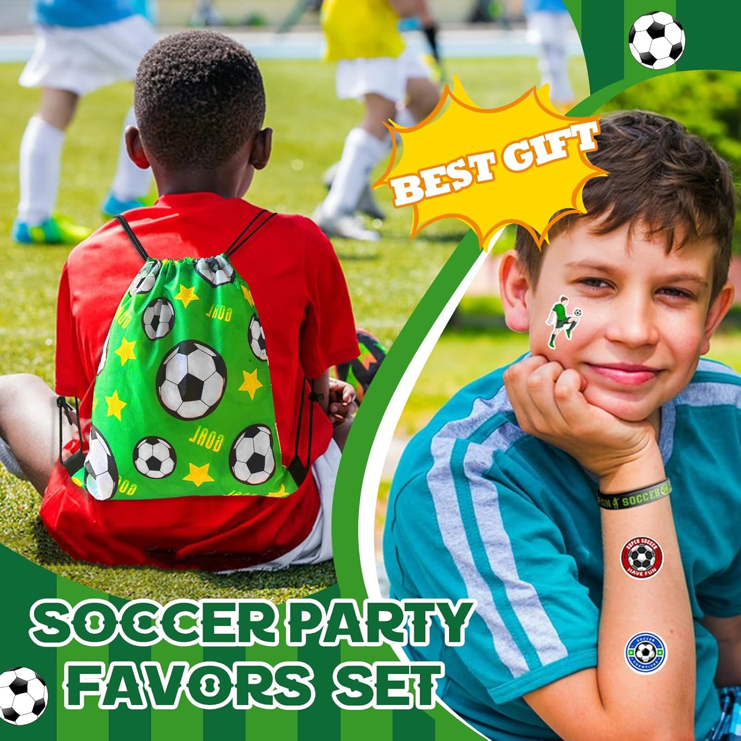 110Pcs Soccer Party Favors Drawstring Bags Soccer Goodie Bag with Mini Ball, Wristband, Slap bracelets, Keychains, Stickers for Soccer Party Supplies - Image 6