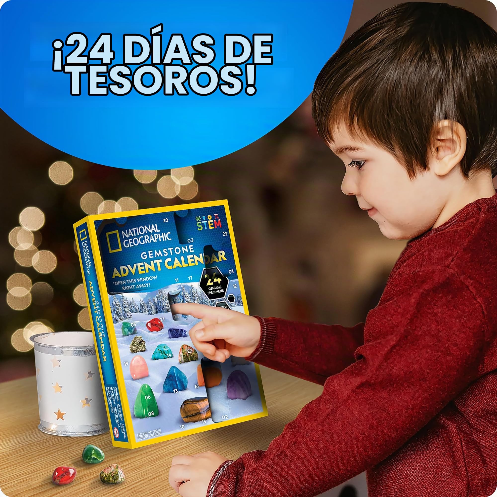NATIONAL GEOGRAPHIC 2024 Calendario de Adviento de Gemas - Calendario para Niños con 24 Gemas para Abrir Cada Día, Cuenta Atrás de Navidad con Mini Kit de Excavación de Gemas (Solo Idioma Ingles)